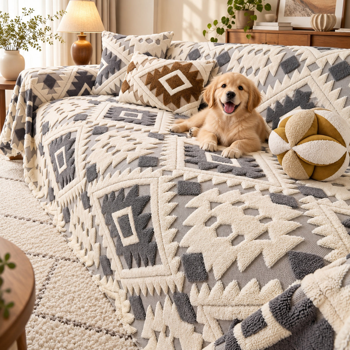 Sofa Cover & Large Sofa Throw | Cotton Velvet | Tufted Mosaic Design | Machine Washable