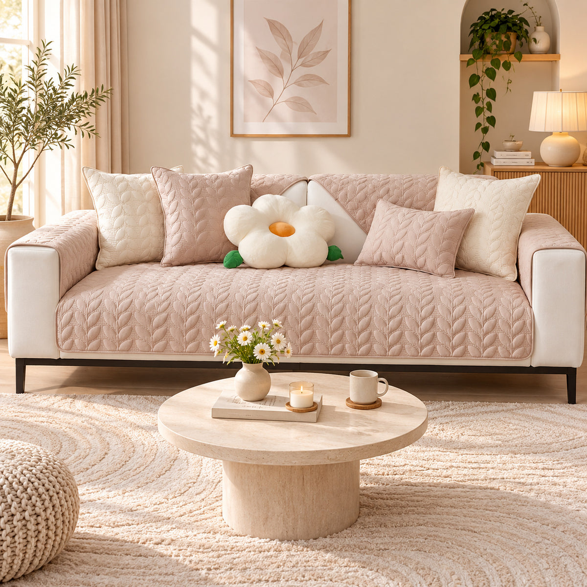 Leafy Vine Sofa Cover | Quilted Cotton | Non-Slip Sofa Protector