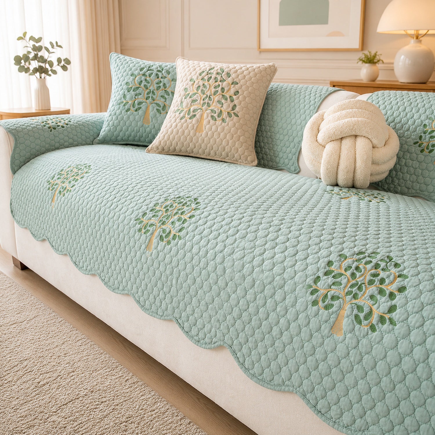 Tree Embroidered Cotton Sofa Protector | Quilted Non-Slip Machine Washable Cover