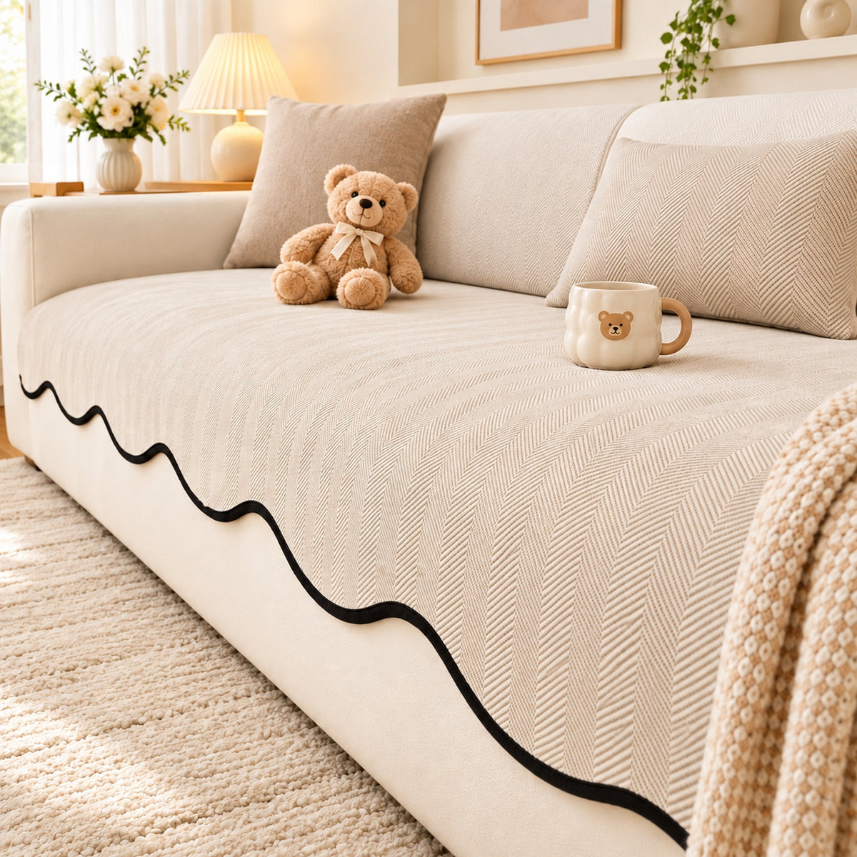 Sofa Cover | Non-Slip Chenille Sofa Protector | Herringbone Pattern with Scalloped Edges