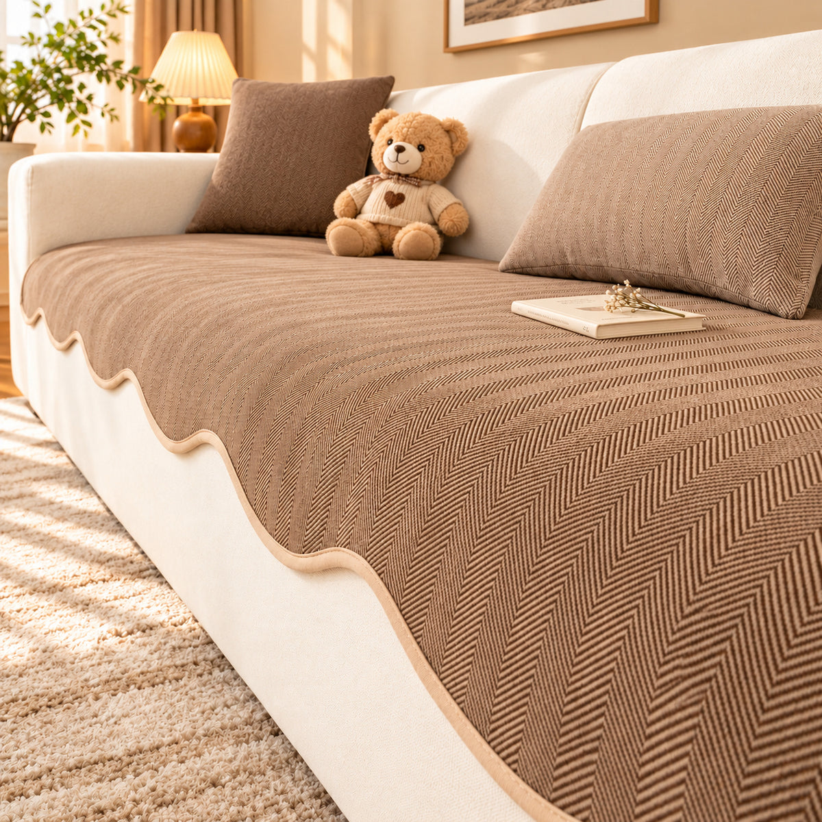 Sofa Cover | Non-Slip Chenille Sofa Protector | Herringbone Pattern with Scalloped Edges