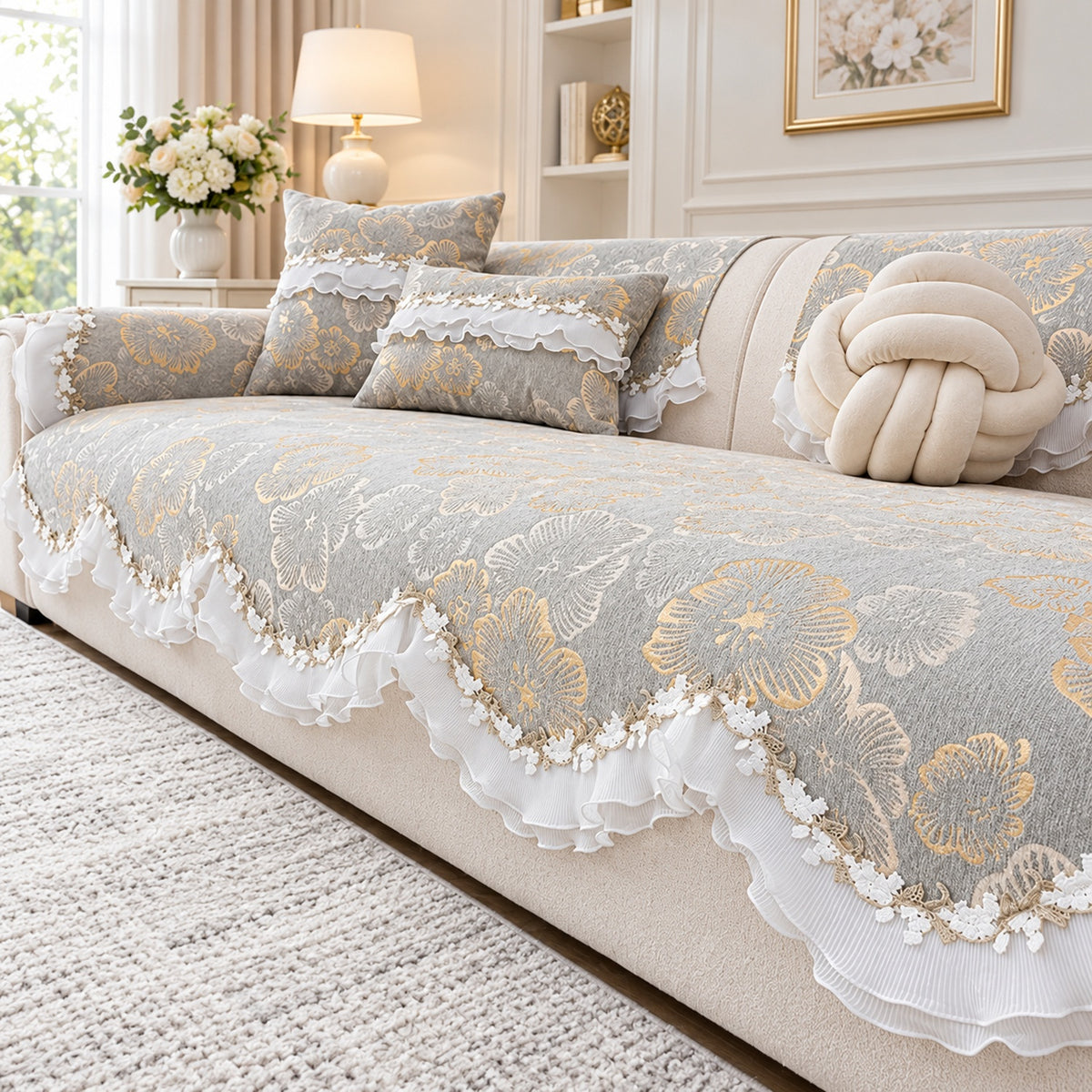 Chenille Sofa Cover | Non-Slip Sofa Protector | Golden Blossom | Machine Washable