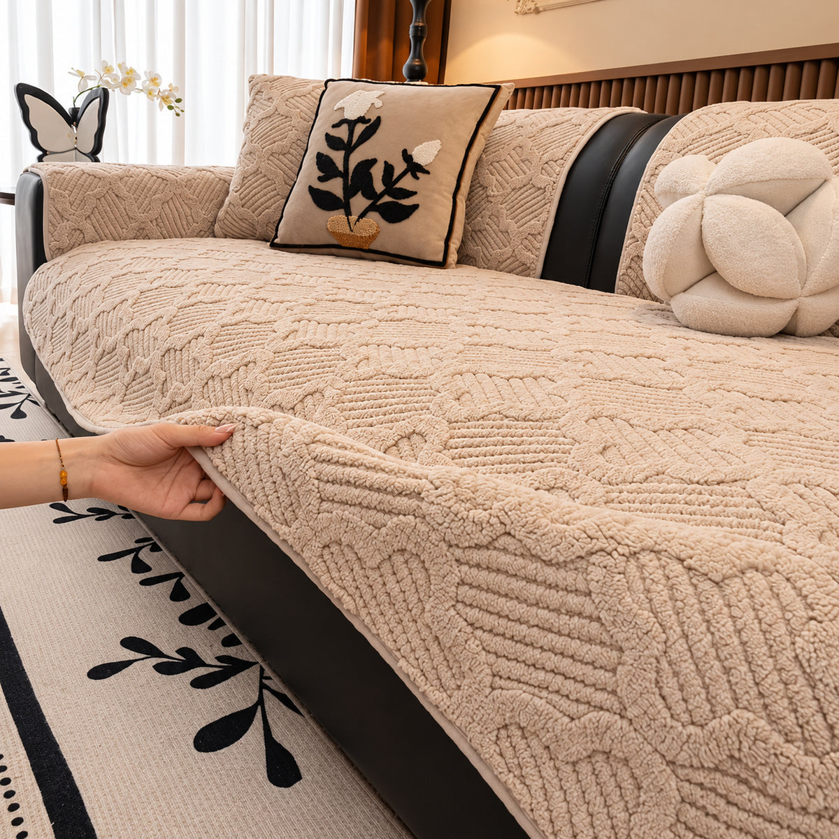 Plush Sofa Cover | Non-Slip Sofa Protector | Sculpted Weave | Machine Washable