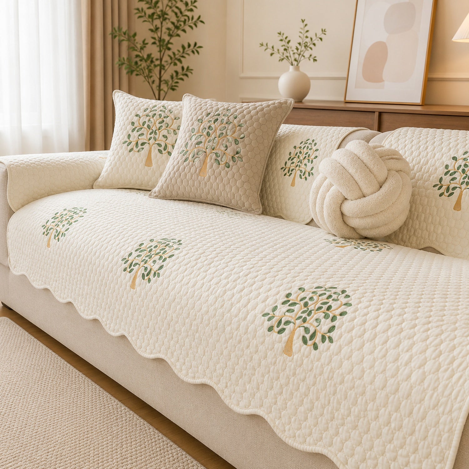 Tree Embroidered Cotton Sofa Protector | Quilted Non-Slip Machine Washable Cover