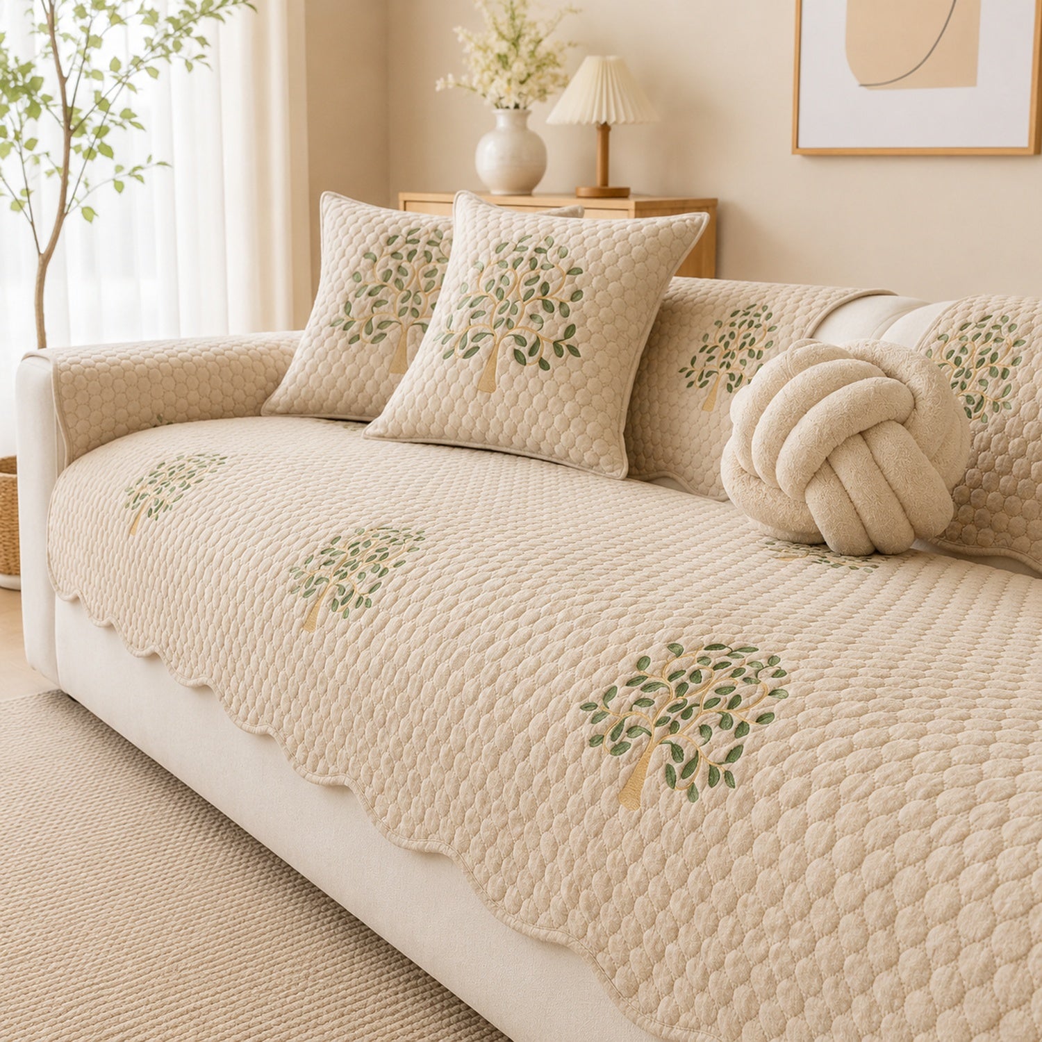 Tree Embroidered Cotton Sofa Protector | Quilted Non-Slip Machine Washable Cover