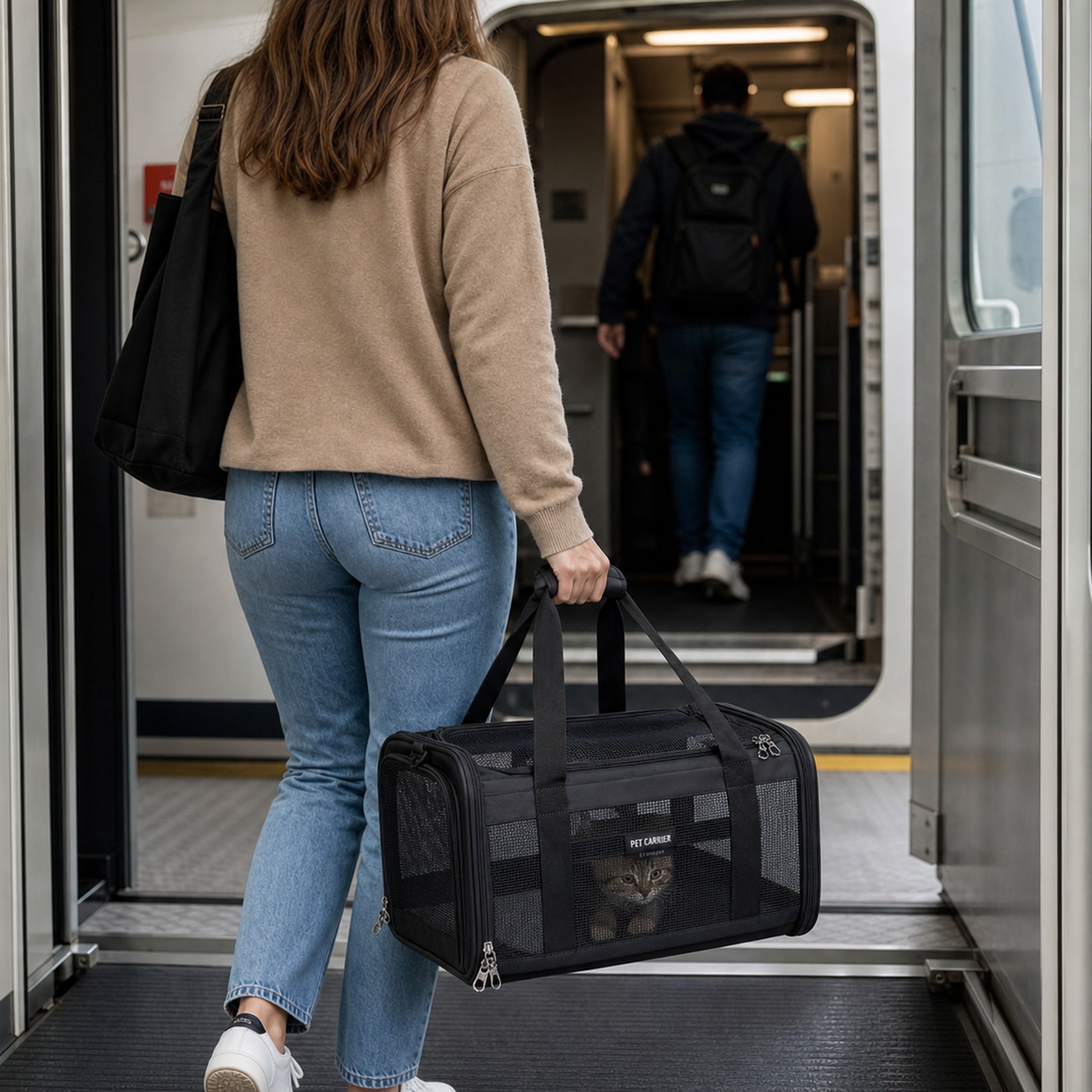 Soft-sided pet carrier with kitten inside for airline travel