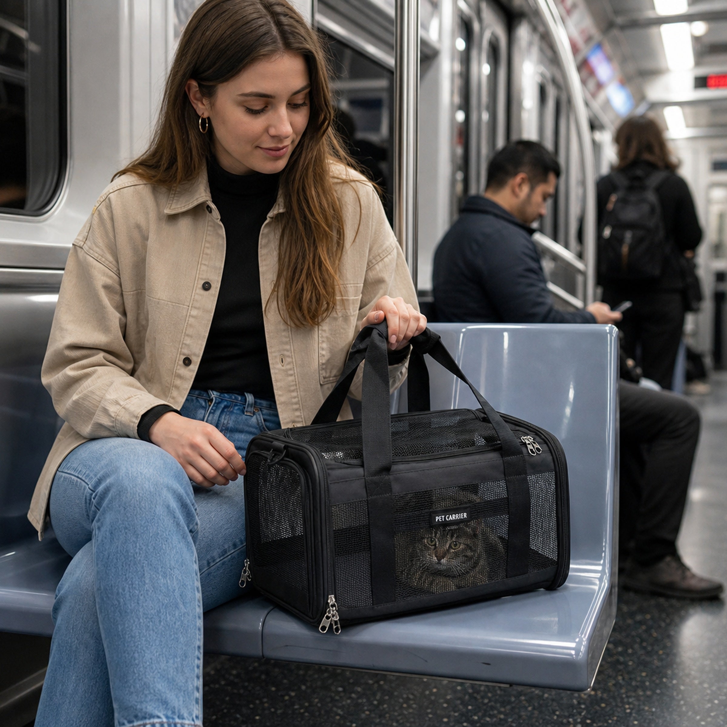 Soft-sided pet carrier with cat inside on subway commute