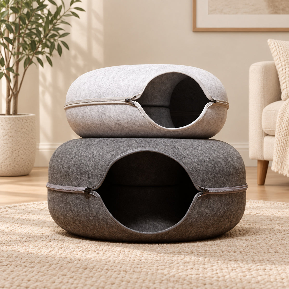 Donut Cat Bed | Felt Tunnel Hideaway with Removable Top