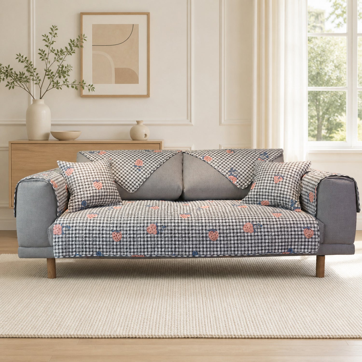 Strawberry Gingham Sofa Cover | Cotton Non-Slip Washable Sofa Protector