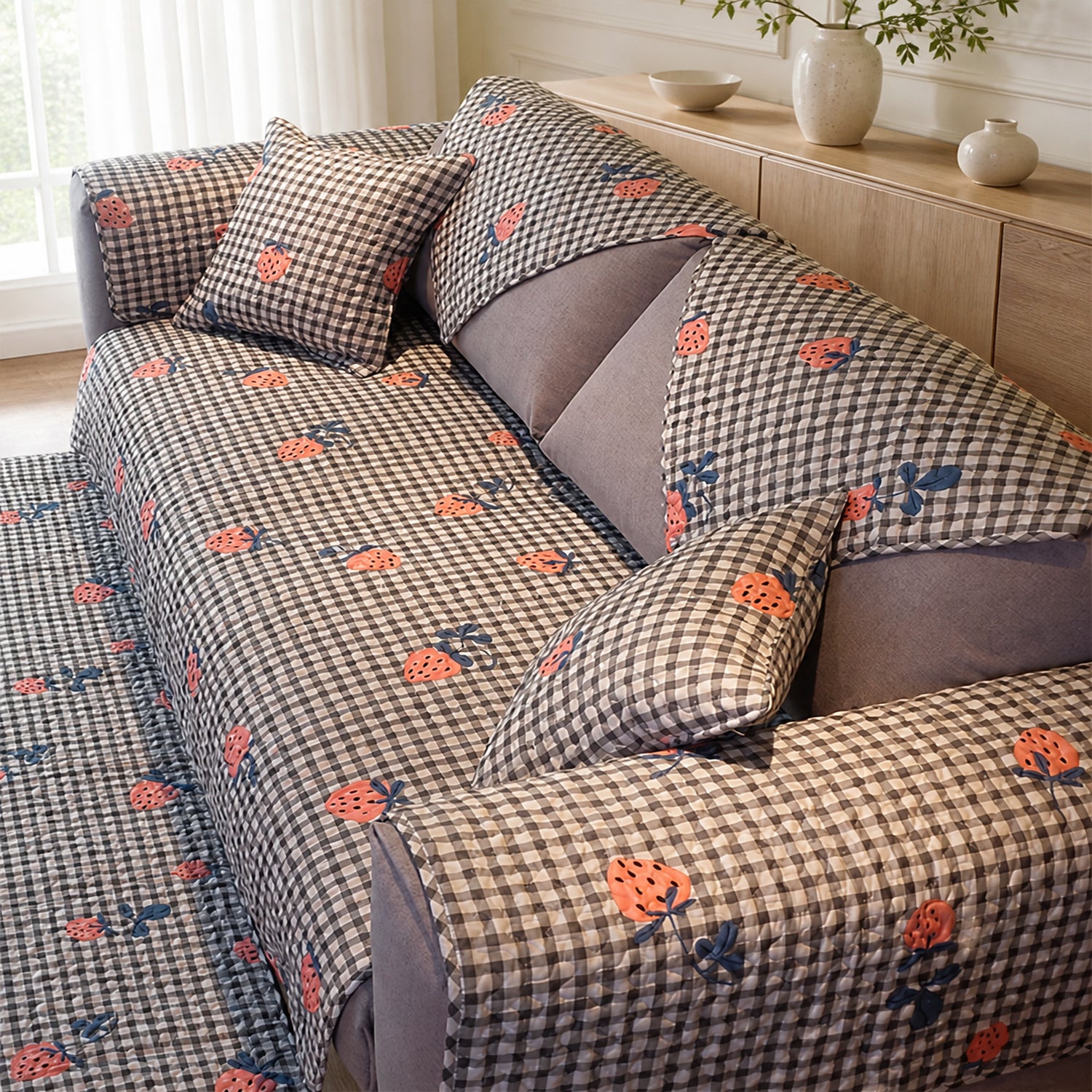 Strawberry Gingham Sofa Cover | Cotton Non-Slip Washable Sofa Protector