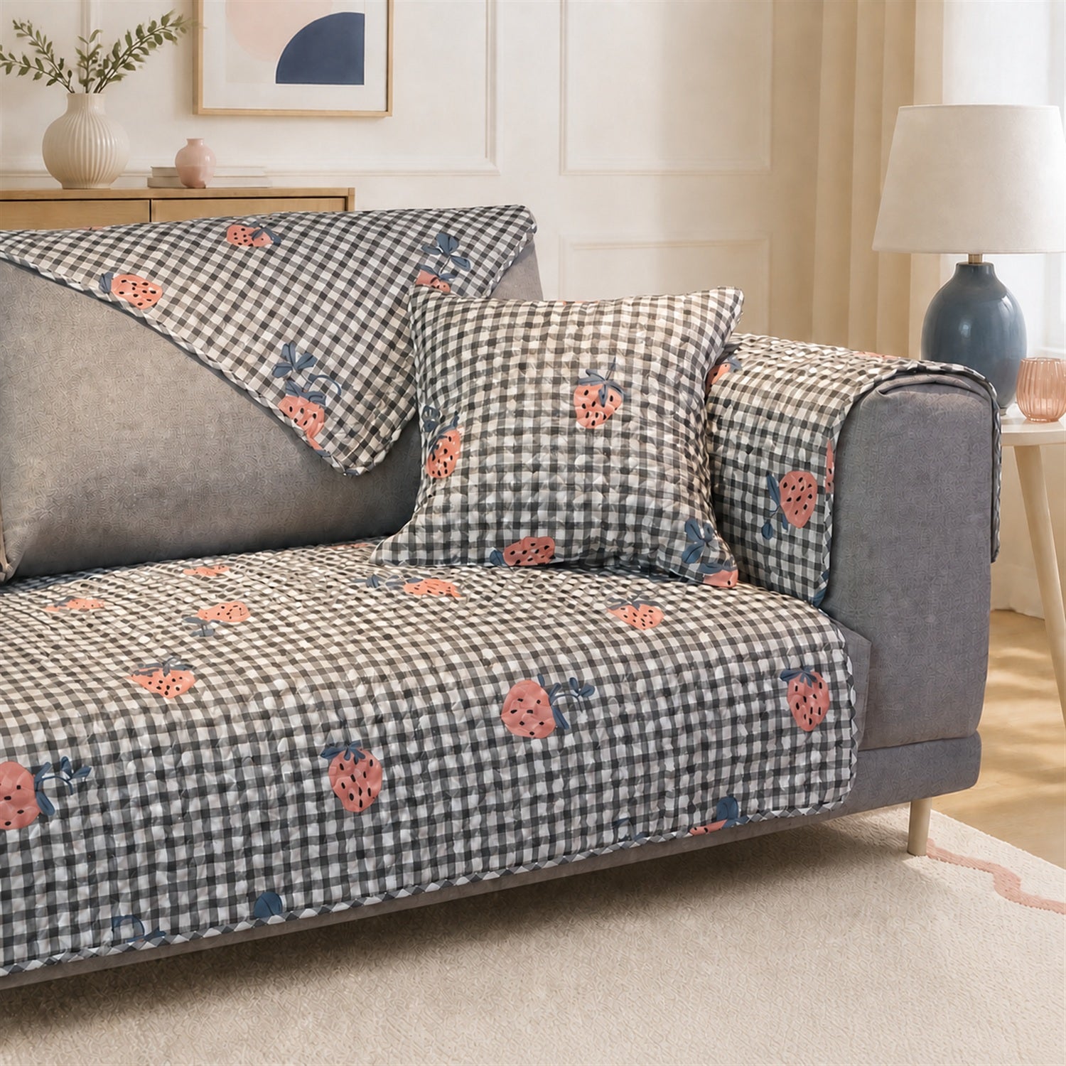 Strawberry Gingham Sofa Cover | Cotton Non-Slip Washable Sofa Protector