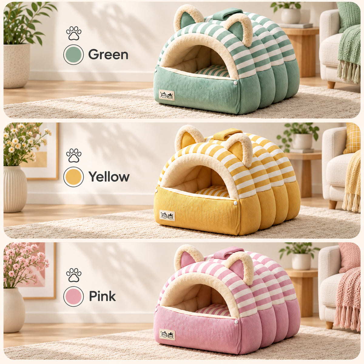 Cat Bed | Kitty Stripe Cave | Soft Plush & Corduroy | Fold-Down Front