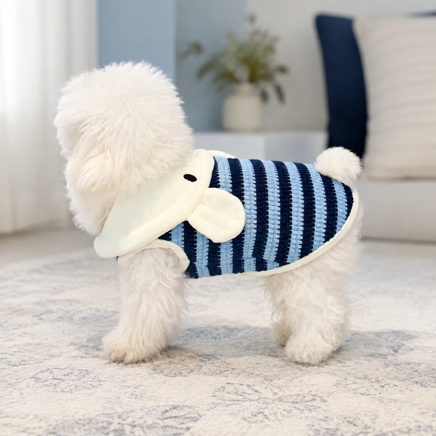 Bunny Hooded Pet Jumper | Fleece-Lined Striped Winter Coat with Lead Ring
