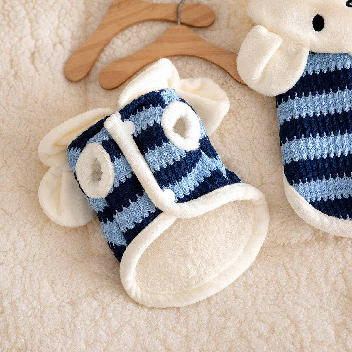 Bunny Hooded Pet Jumper | Fleece-Lined Striped Winter Coat with Lead Ring