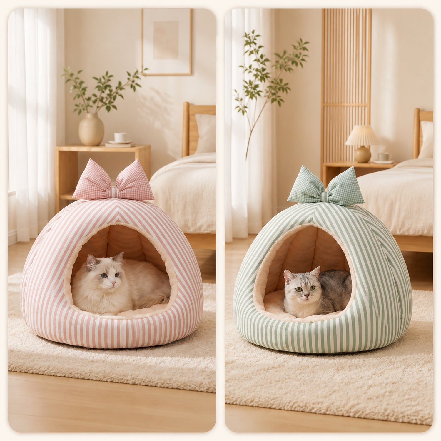 Striped Bow Pet House | Cosy Anti-Slip Machine-Washable Bed