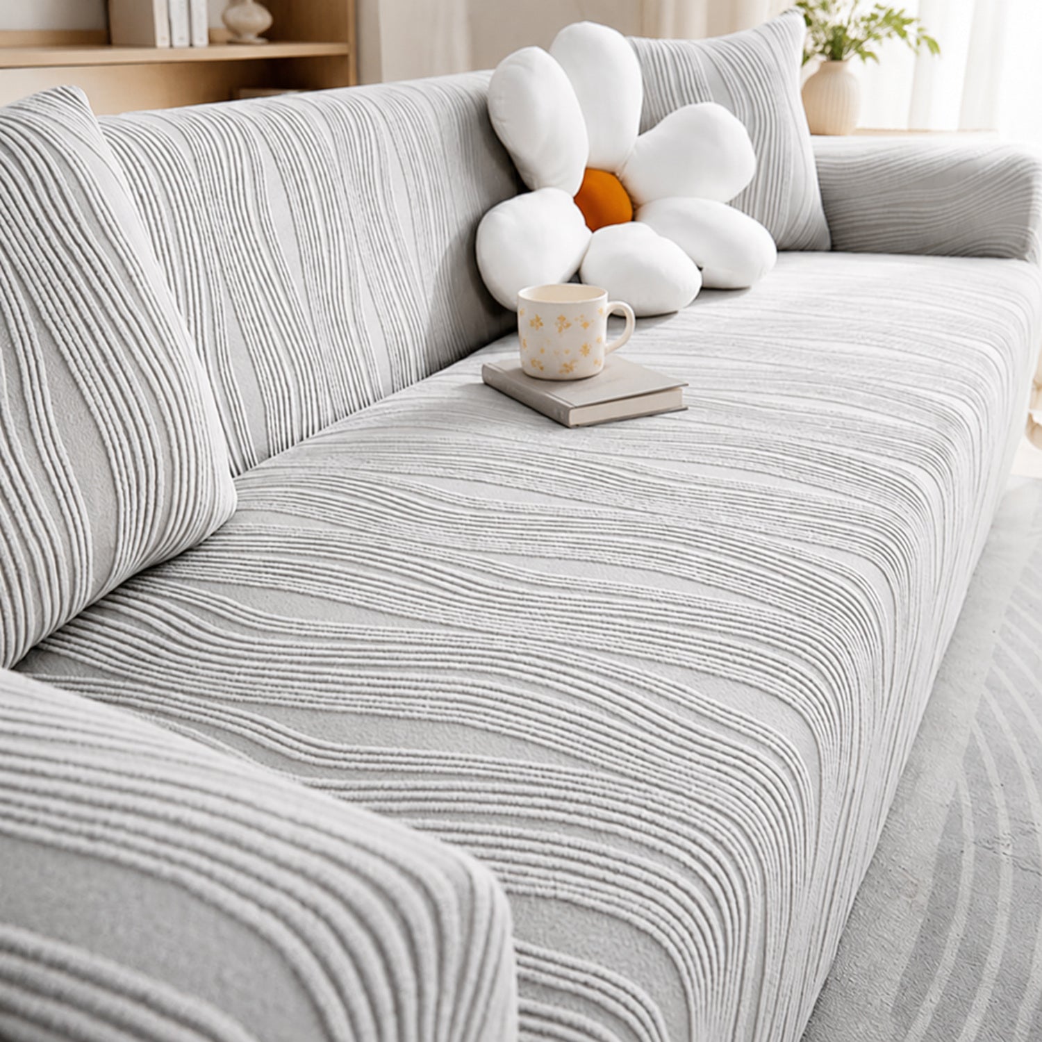 Ribbed Jacquard Stretch Sofa Protector | Knitted Fleece Full-Coverage Cover