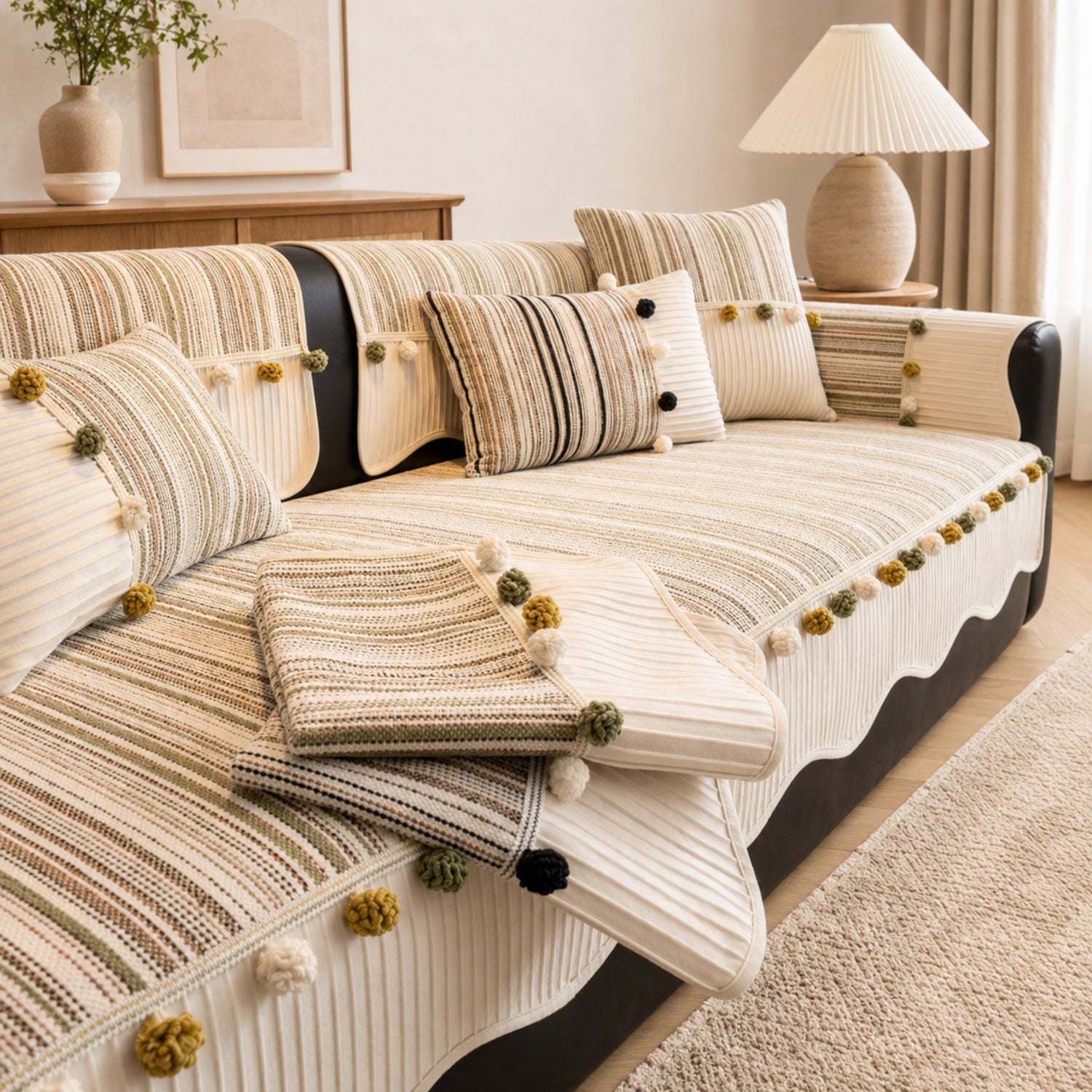 Harvest Bobble Sofa Protector | Striped Chenille | Non-Slip All-Season Cover