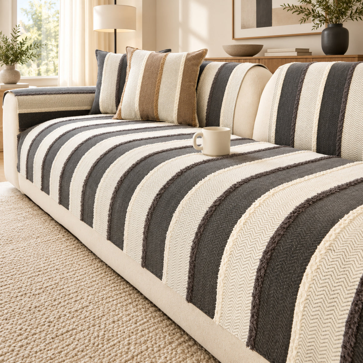 Vintage Striped Sofa Cover | Soft Chenille | Non-Slip, Machine Washable