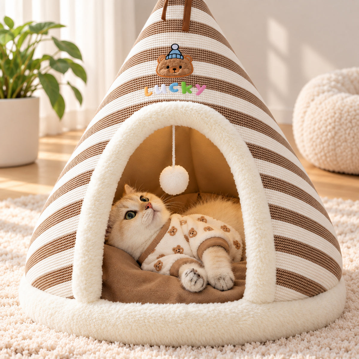 Dog Bed & Cat Bed | Striped Teepee Tent with Removable Cushion