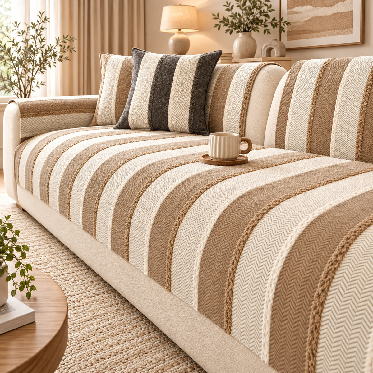 Vintage Striped Sofa Cover | Soft Chenille | Non-Slip, Machine Washable