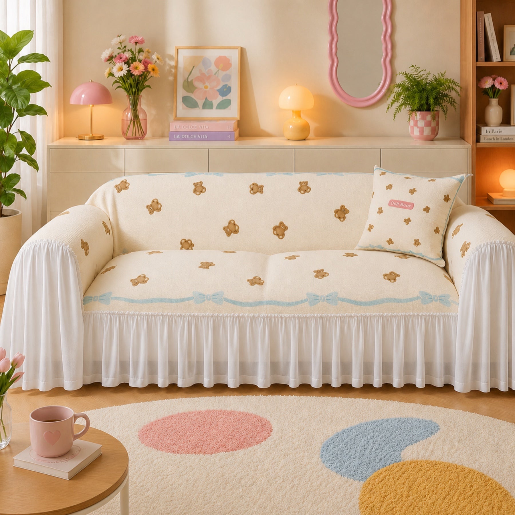 Cream Teddy Bow sofa cover with flat printed pale blue ribbon and bow pattern in a styled living room