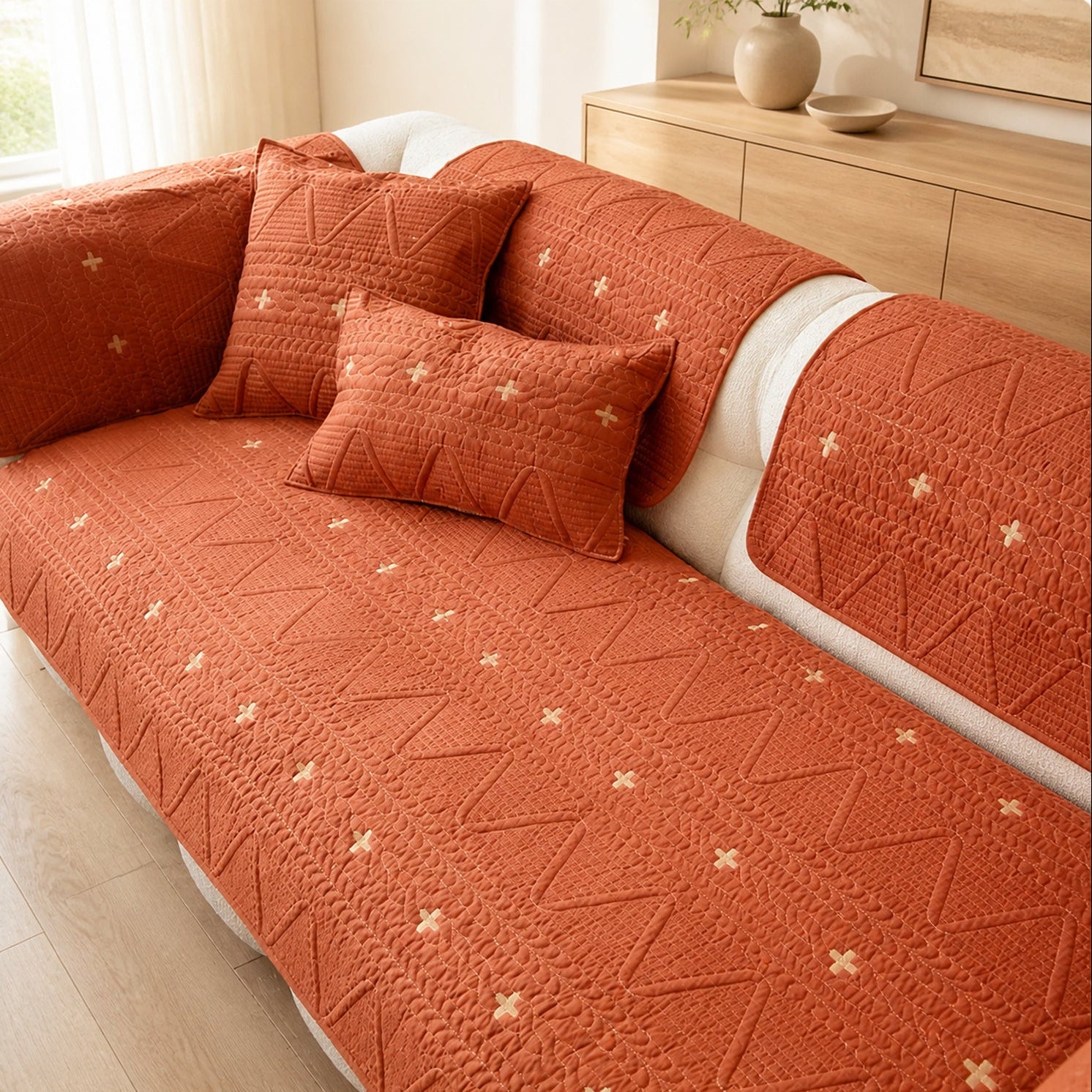 Nordic Cross Quilted Sofa Protector | 100% Cotton Non-Slip Washable Cover