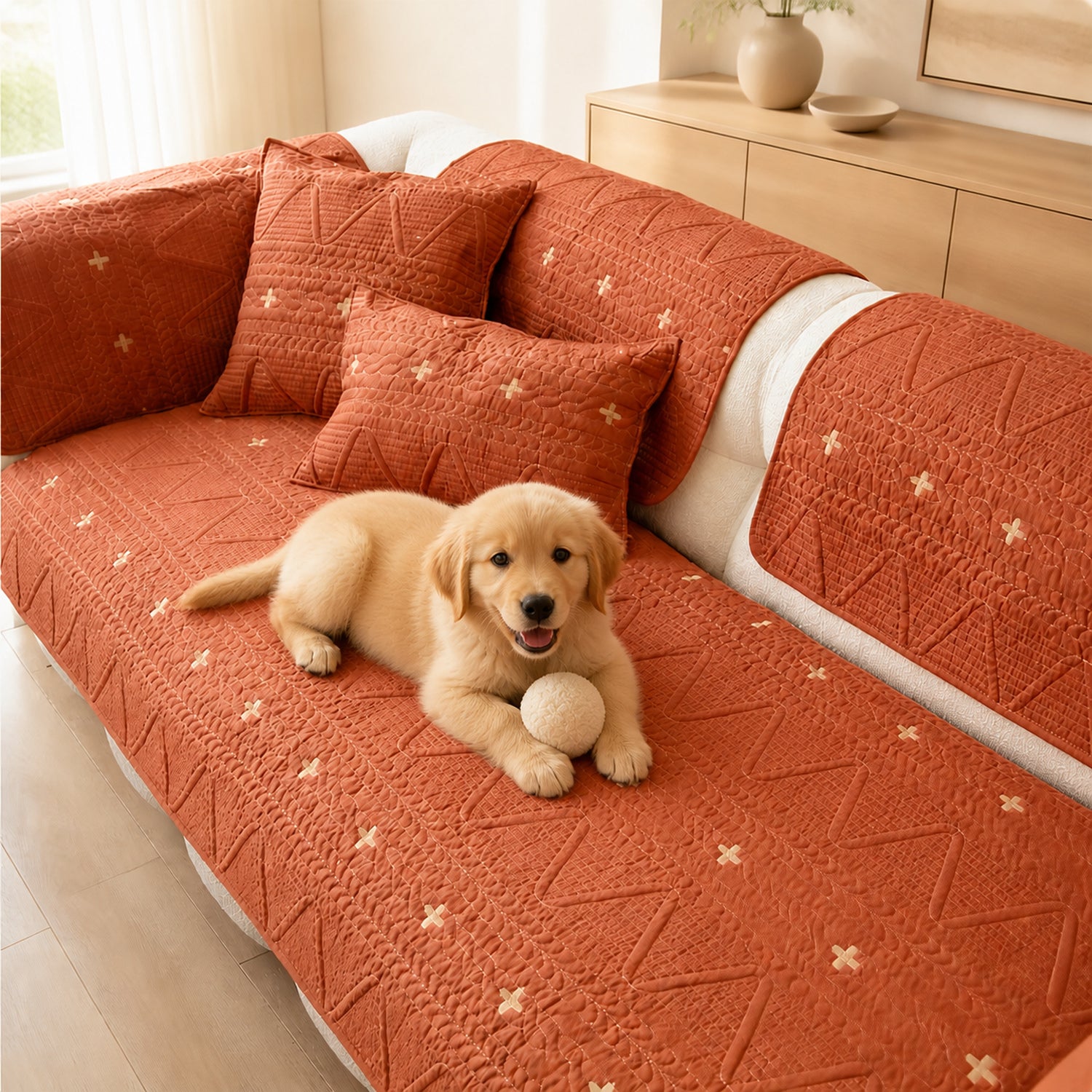 Nordic Cross Quilted Sofa Protector | 100% Cotton Non-Slip Washable Cover
