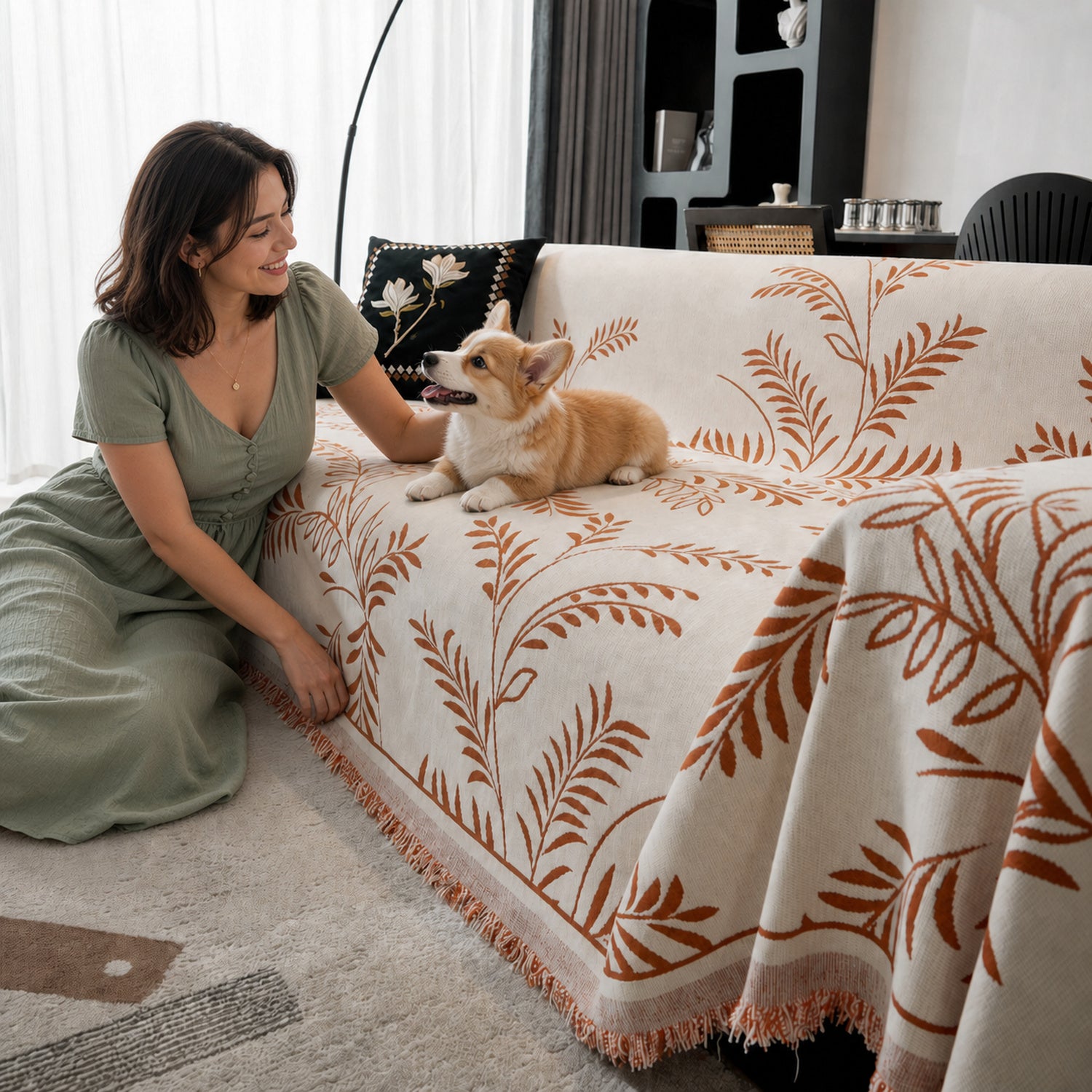 Wandering Vine Chenille Sofa Throw | Non-Slip Machine-Washable All-Season Protector