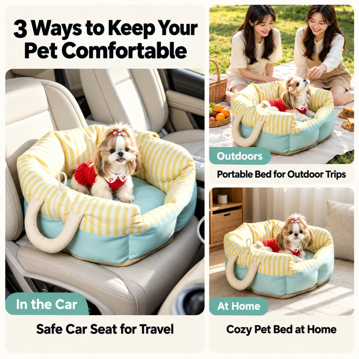 Yellow Stripe Pet Car Seat & Bed | Water-Repellent with Carry Handles