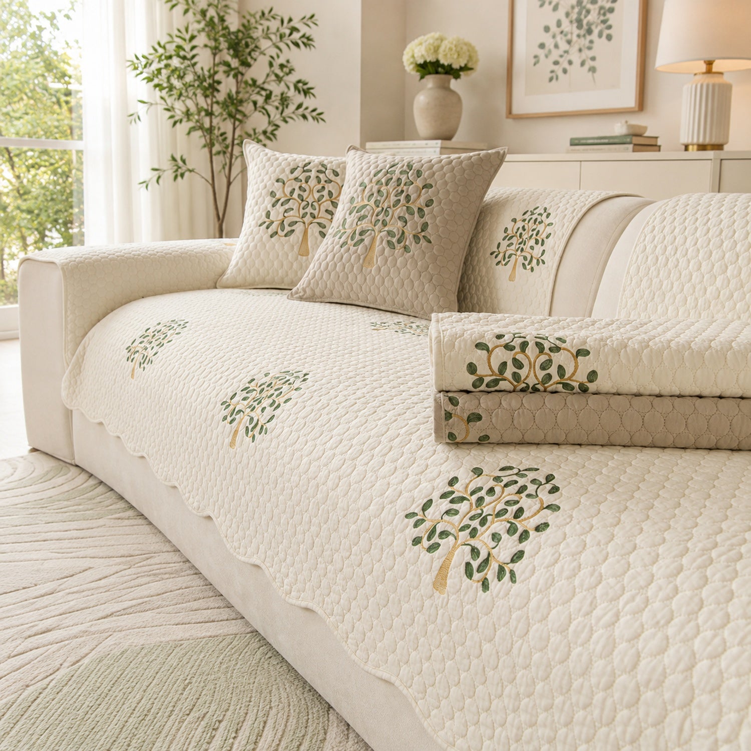 Tree Embroidered Cotton Sofa Protector | Quilted Non-Slip Machine Washable Cover