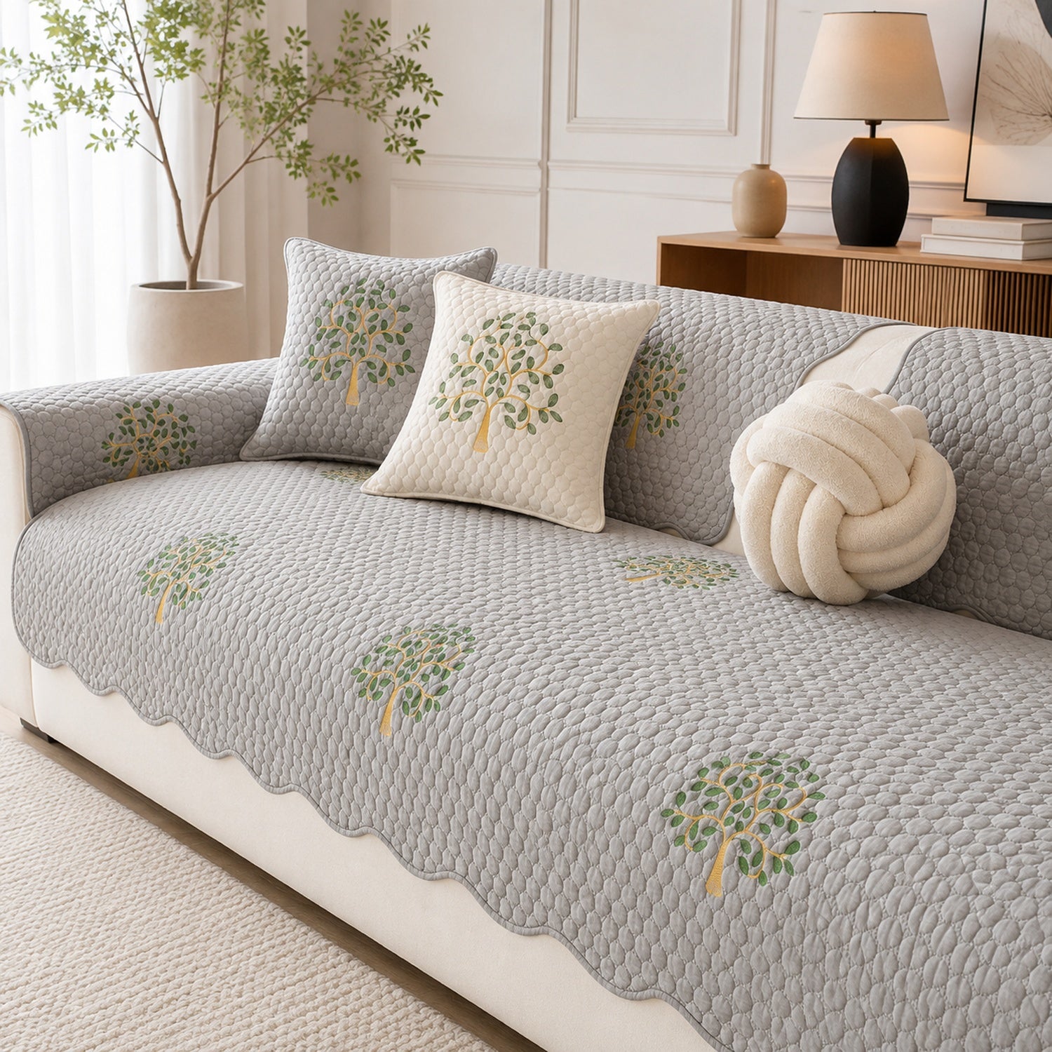 Tree Embroidered Cotton Sofa Protector | Quilted Non-Slip Machine Washable Cover