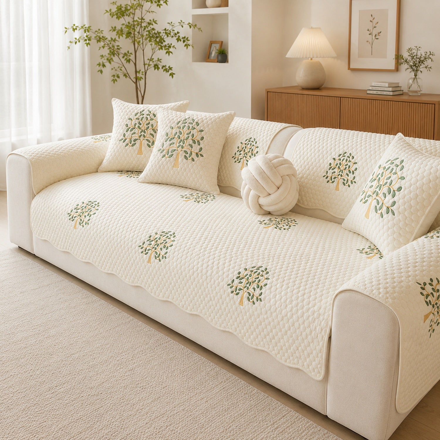 Tree Embroidered Cotton Sofa Protector | Quilted Non-Slip Machine Washable Cover