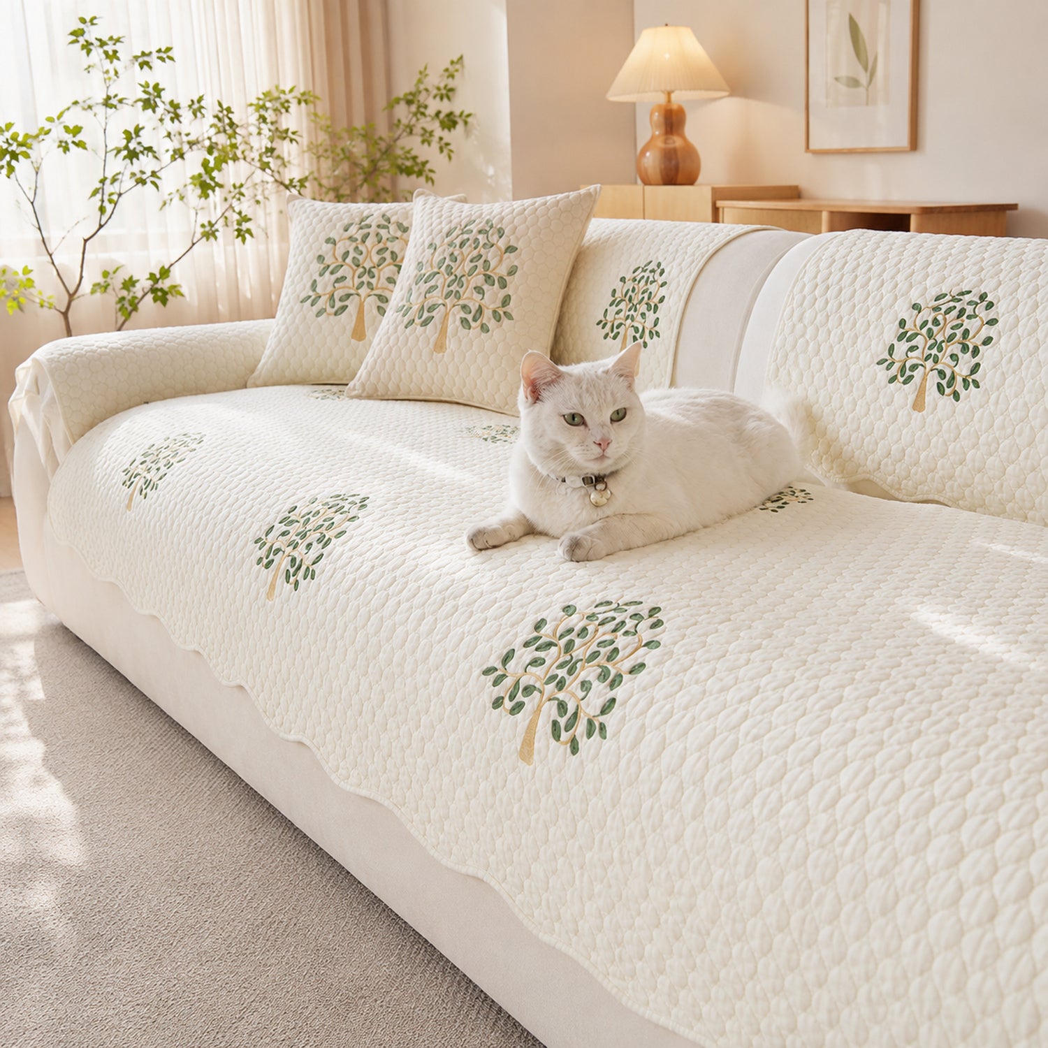 Tree Embroidered Cotton Sofa Protector | Quilted Non-Slip Machine Washable Cover