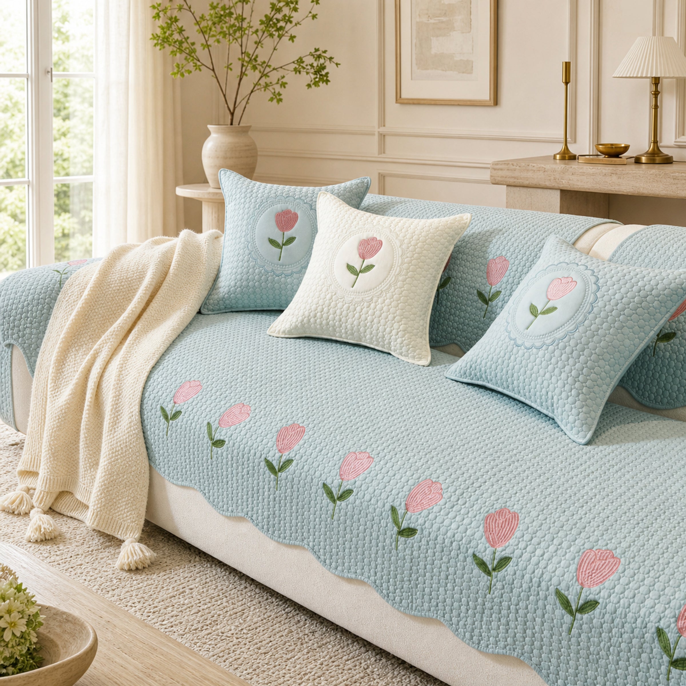 Tulip Cotton Sofa Cover | Thick Breathable Anti-Slip | All-Season Protector