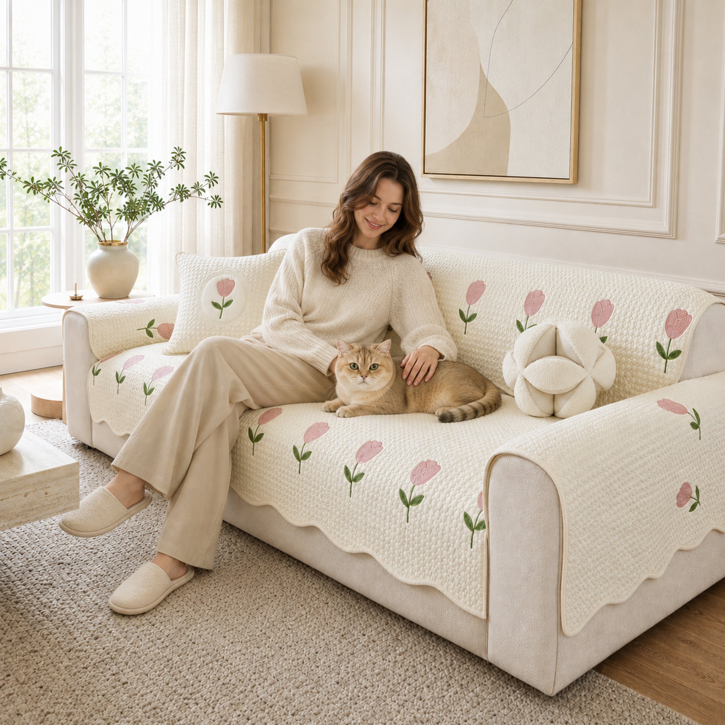 Tulip Cotton Sofa Cover | Thick Breathable Anti-Slip | All-Season Protector