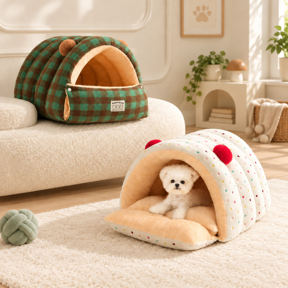 Dog Bed & Cat Bed | Cuddle Cabin Plush Cave | Removable Cushion & Fold-Down Front