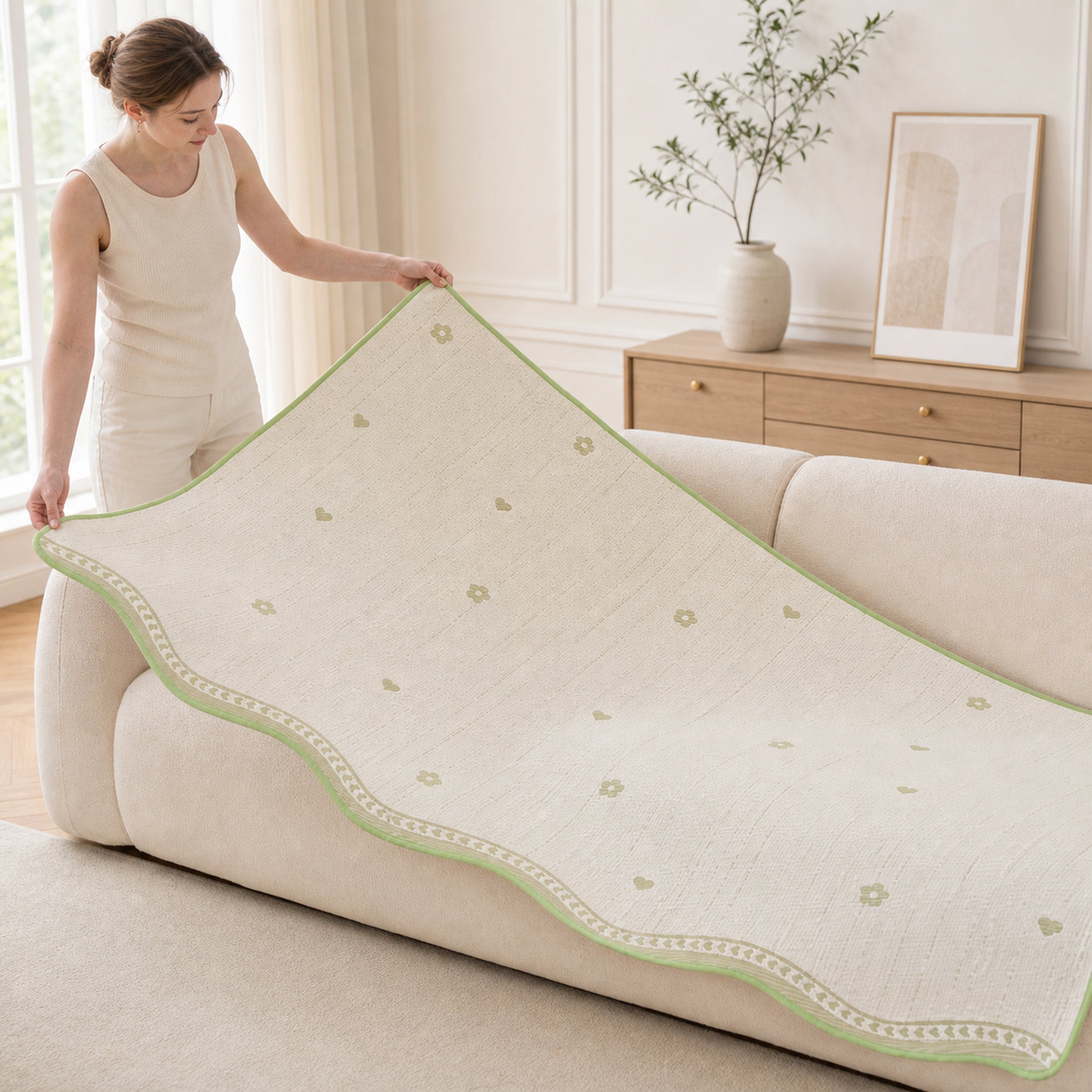 Floral & Bow Cooling Sofa Cover | Breathable Anti-Slip Pet Couch Mat