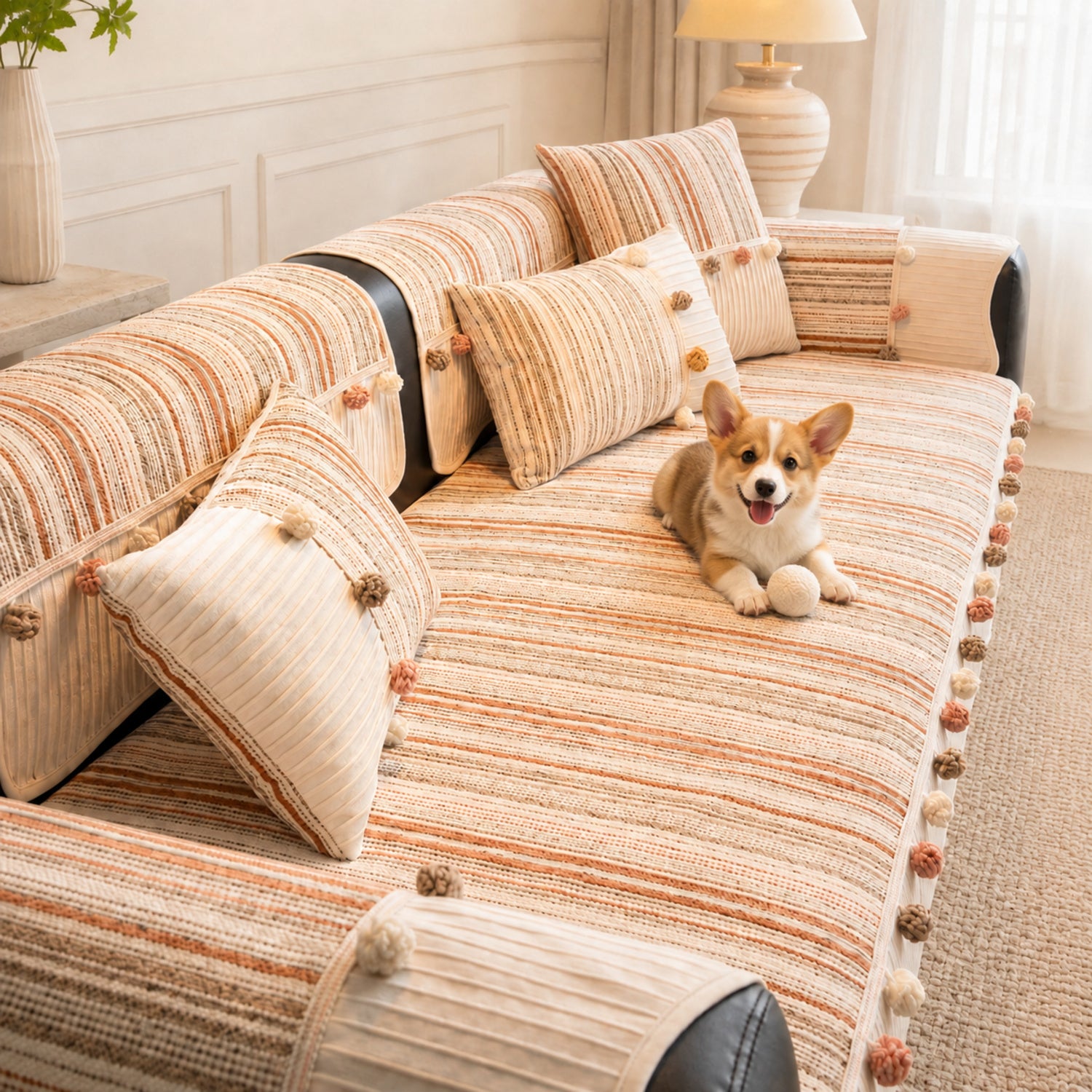 Harvest Bobble Sofa Protector | Striped Chenille | Non-Slip All-Season Cover