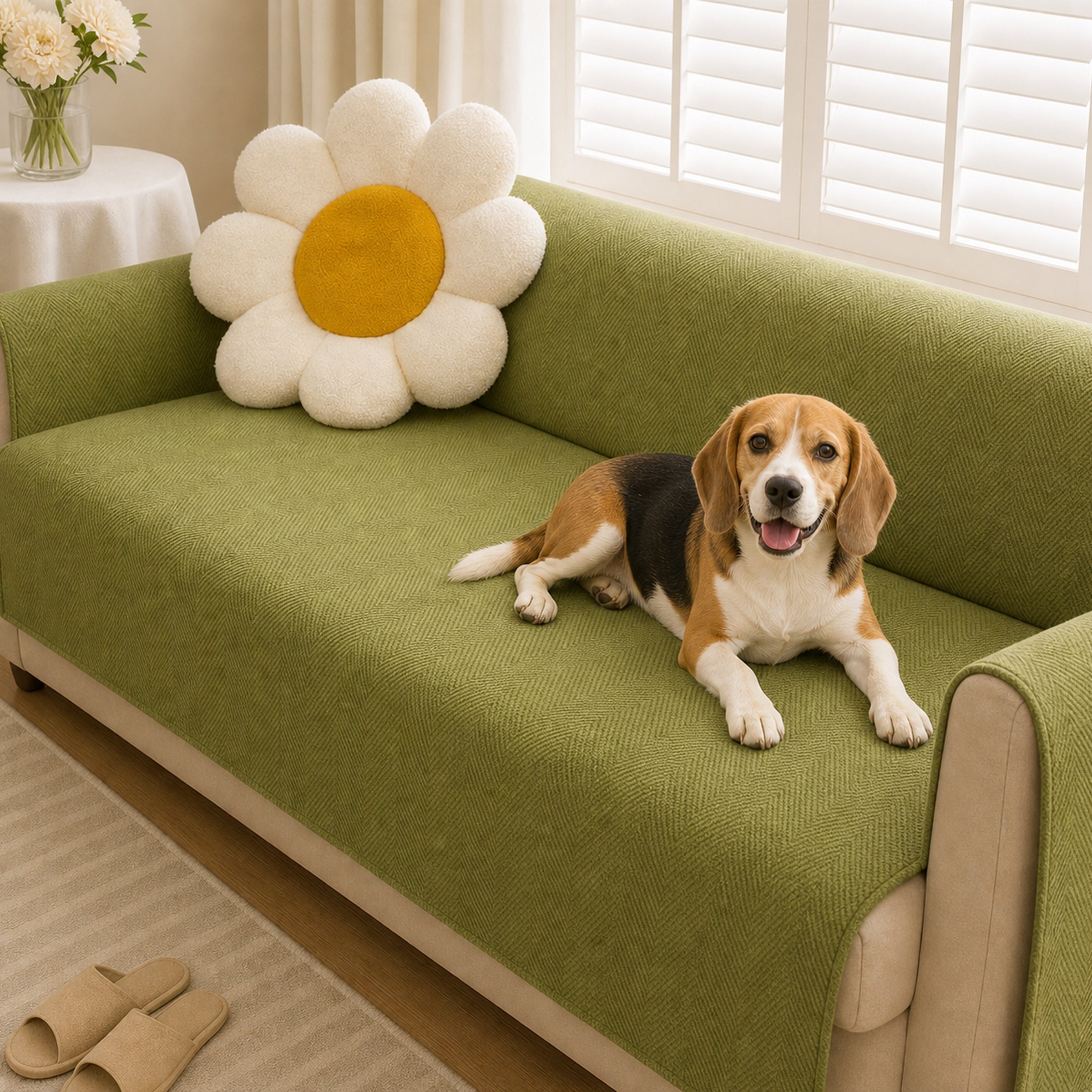 Green non-slip chenille sofa protector with a happy beagle on the couch.