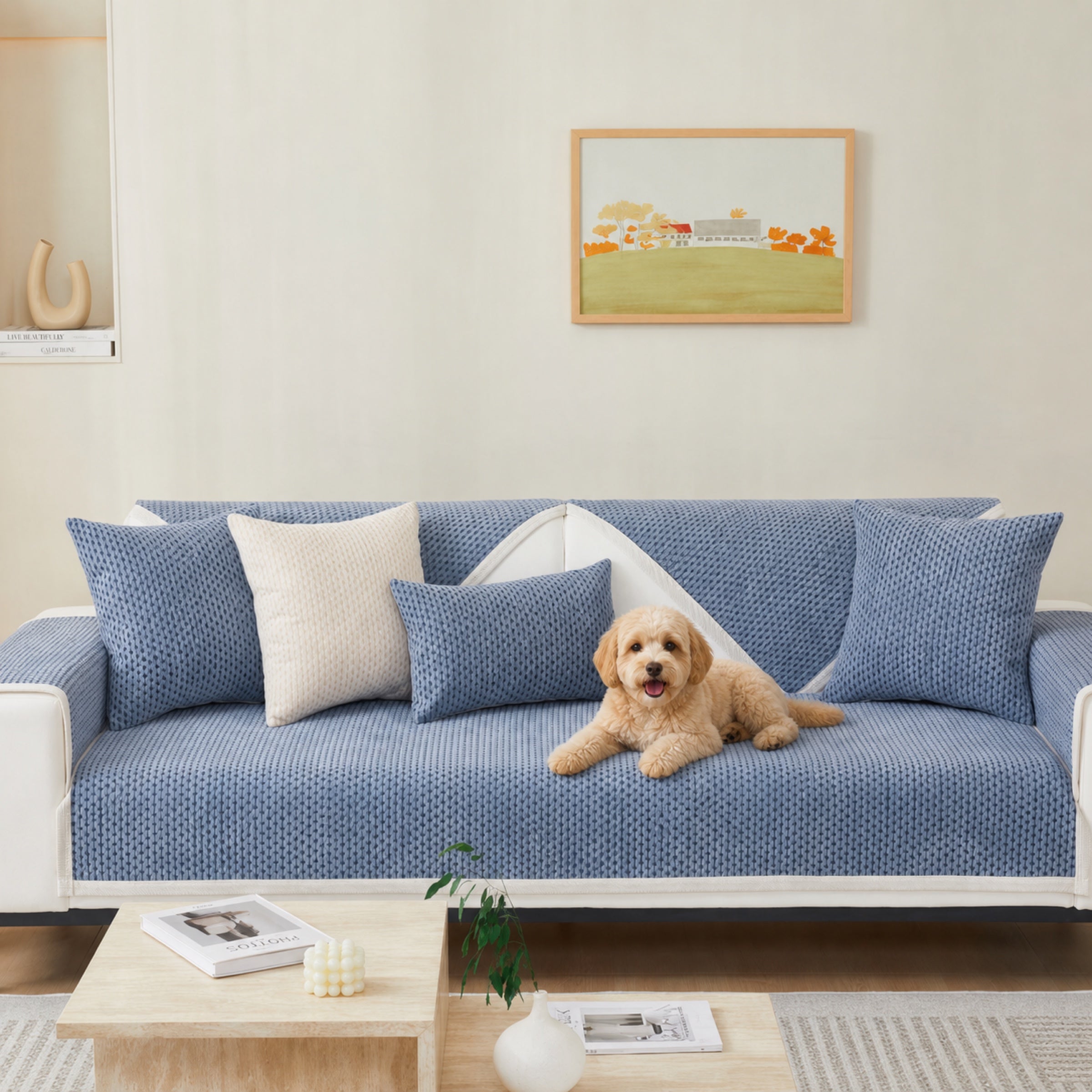 Blue wheat ear chenille sofa cover on a sofa with a cute puppy