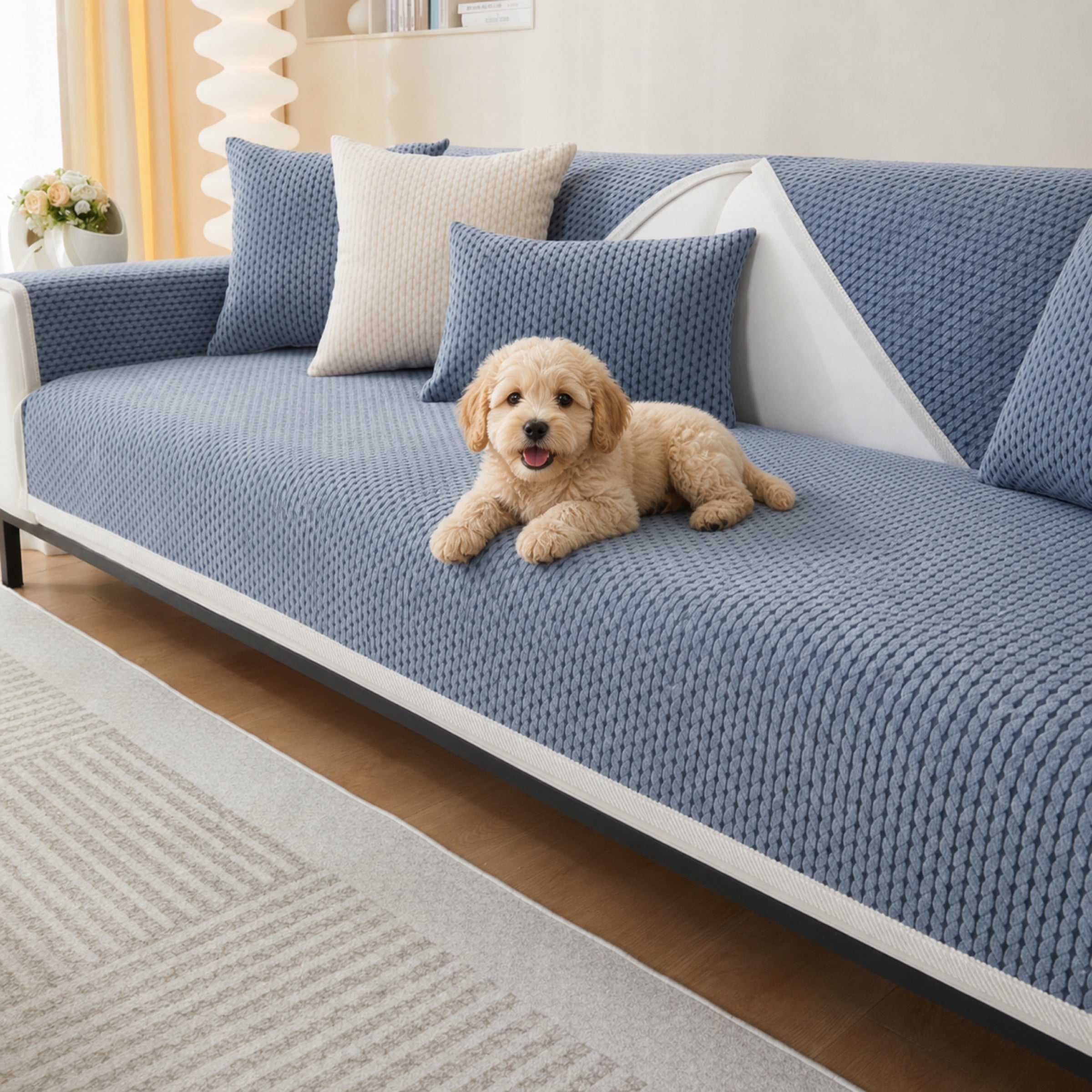 Blue wheat ear chenille sofa cover with a cute puppy on the sofa