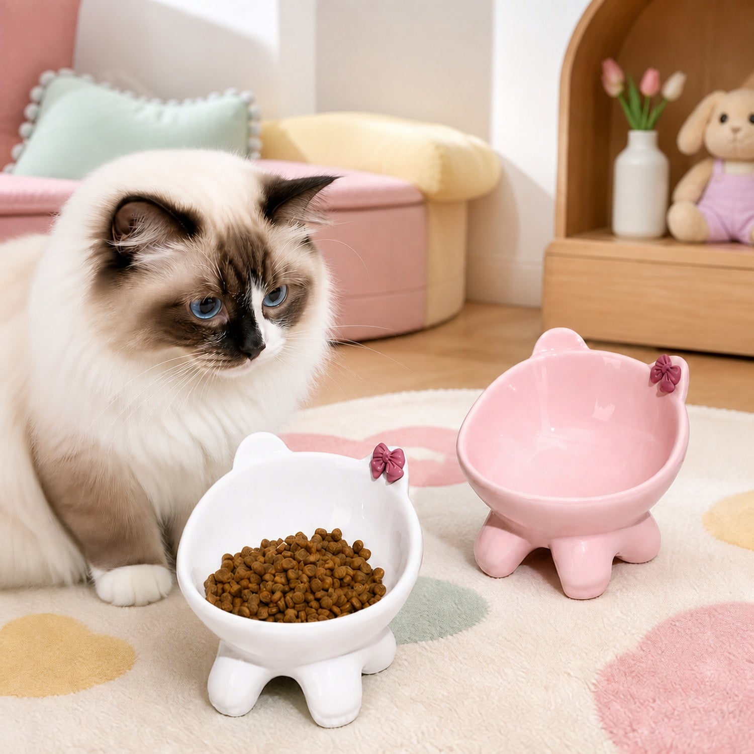 Bow Kitty Raised Ceramic Cat Bowl | 15° Tilted Easy-Clean Feeder