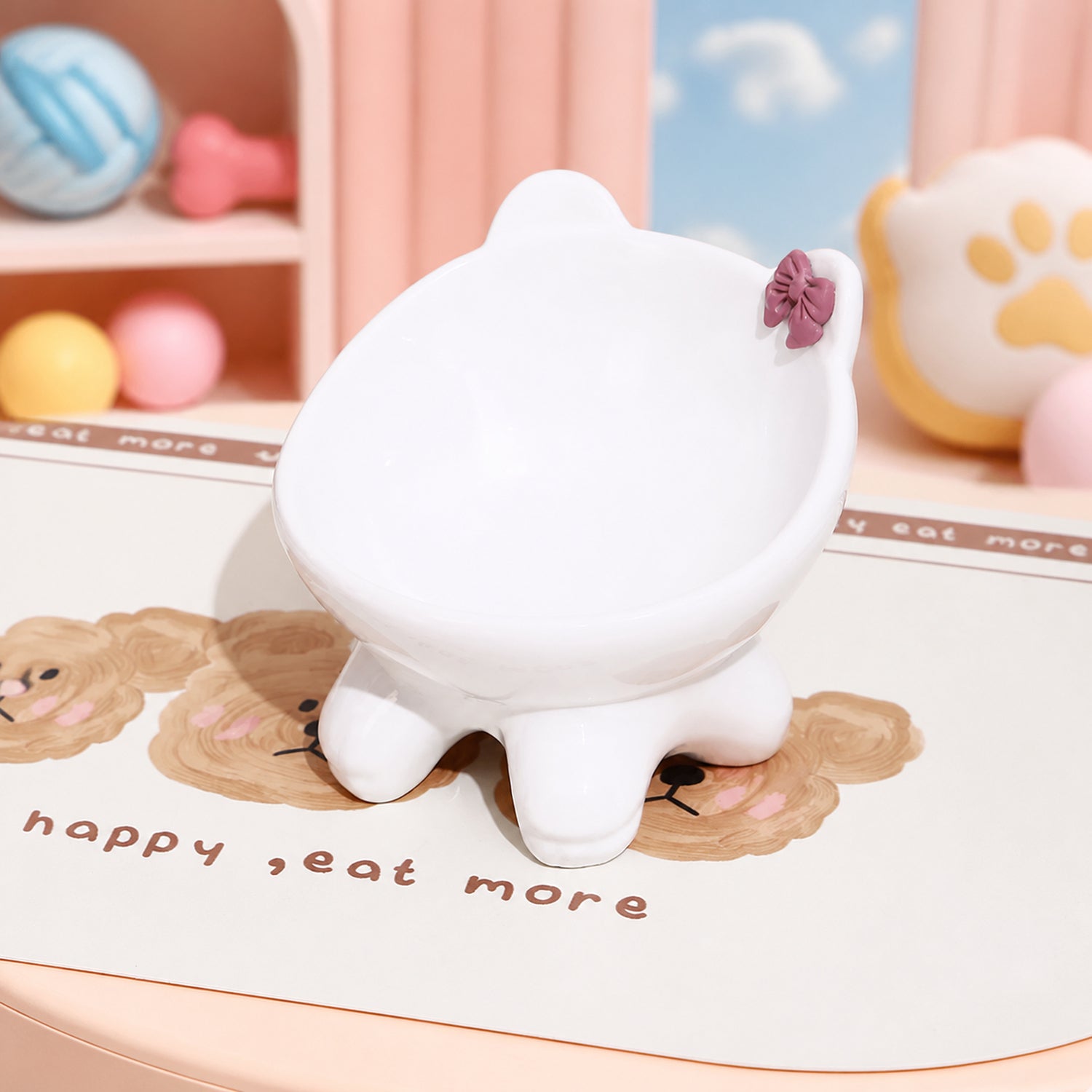 Bow Kitty Raised Ceramic Cat Bowl | 15° Tilted Easy-Clean Feeder