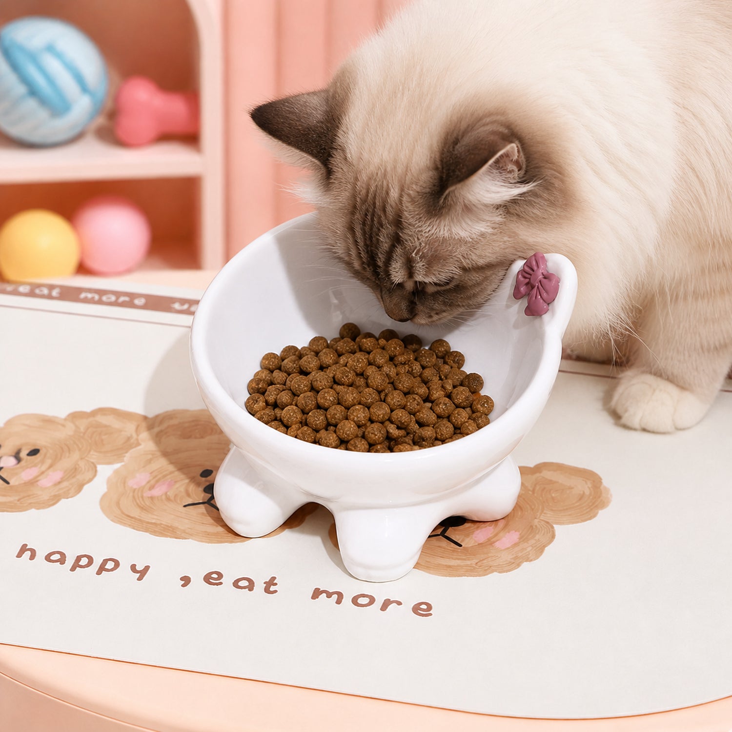 Bow Kitty Raised Ceramic Cat Bowl | 15° Tilted Easy-Clean Feeder