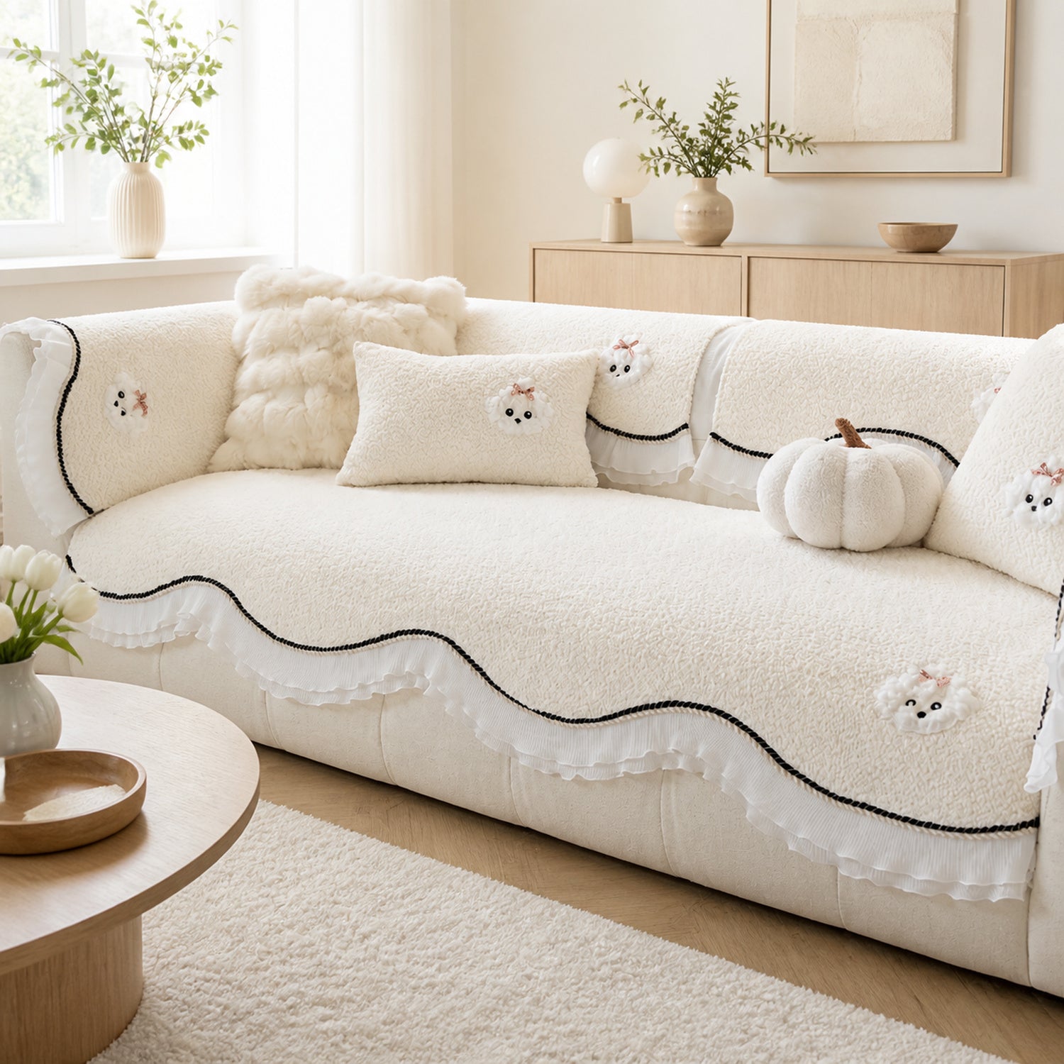 Little Puppy Ruffle Sofa Protector | Chenille | Non-Slip Washable Cover
