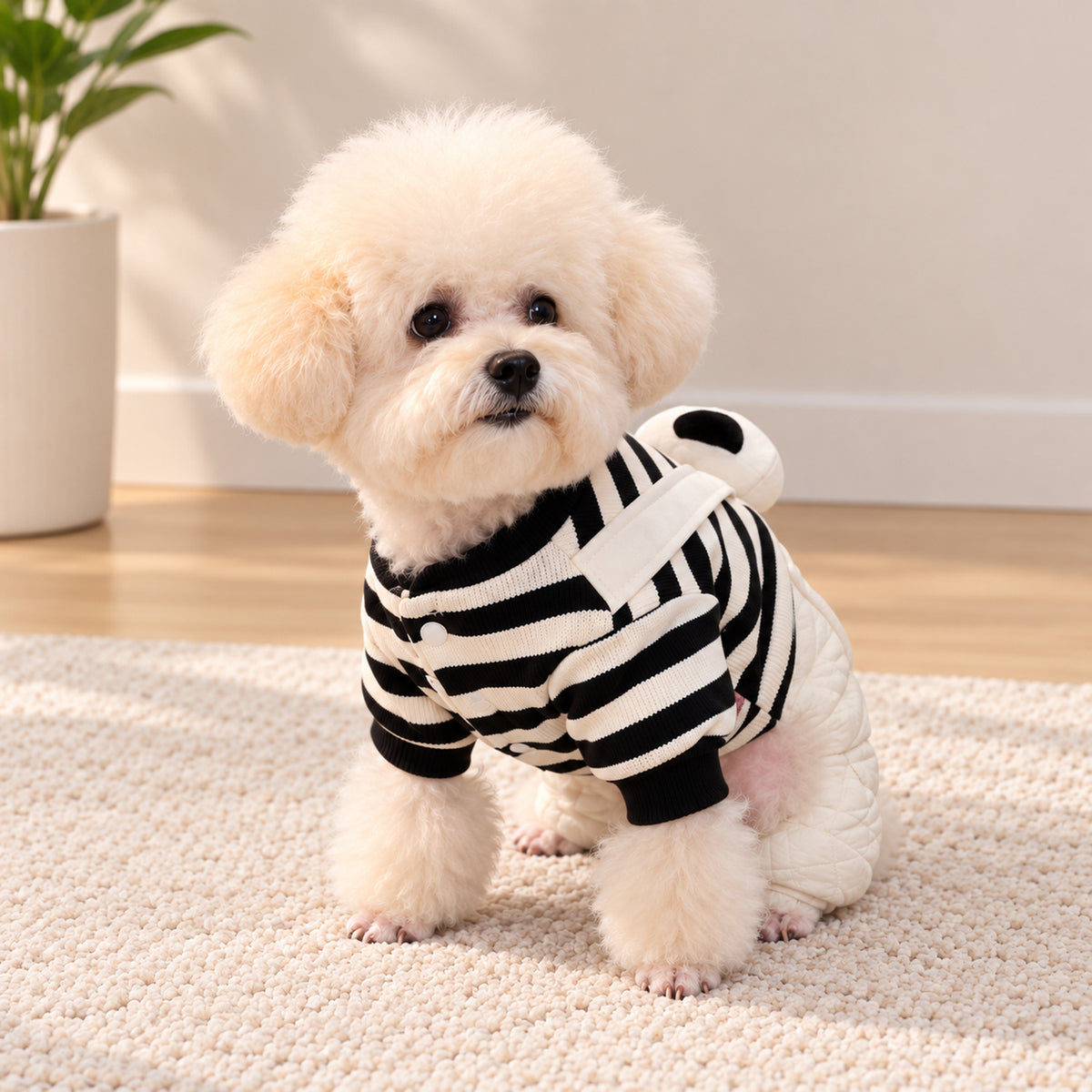 Dog Jumper | Cotton Dungaree Outfit with Striped Sleeves & Plush Animal Detail