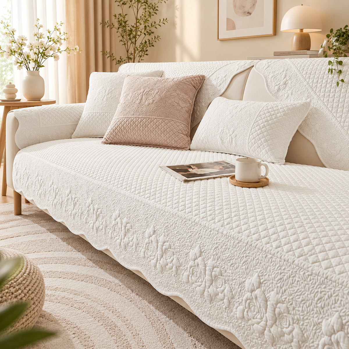 Rose Garden Sofa Cover | Quilted Cotton | Washable Sofa Protector