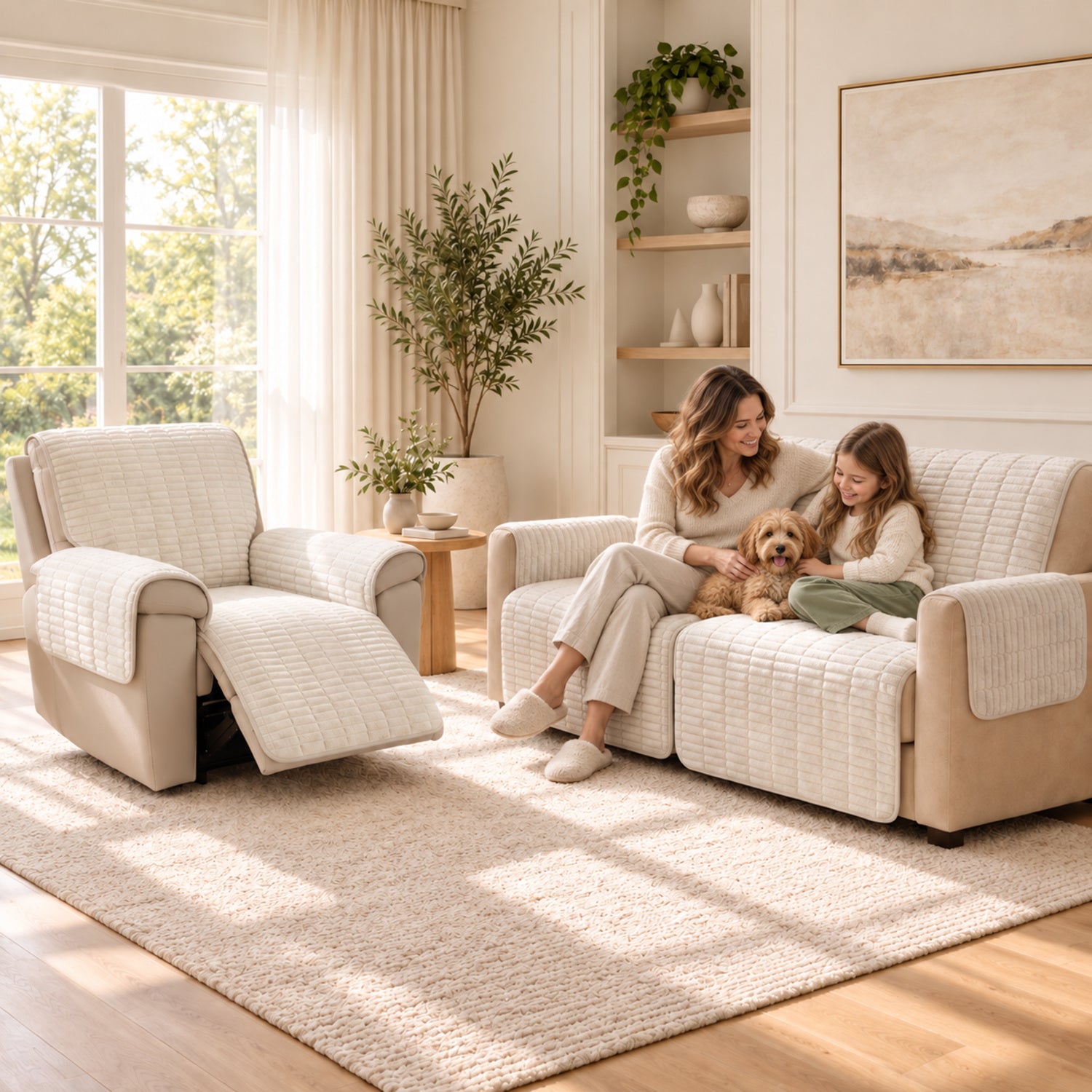 Flannel Recliner Sofa Cover | One-Piece Non-Slip Pet Protector with Elastic Straps