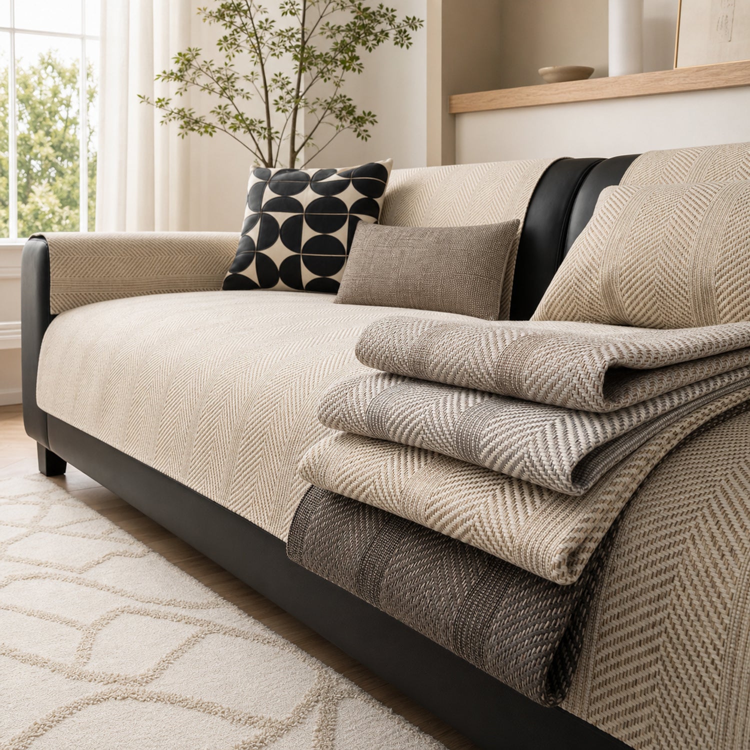 Herringbone Faux Linen Sofa Protector | Breathable Non-Slip Washable Cover