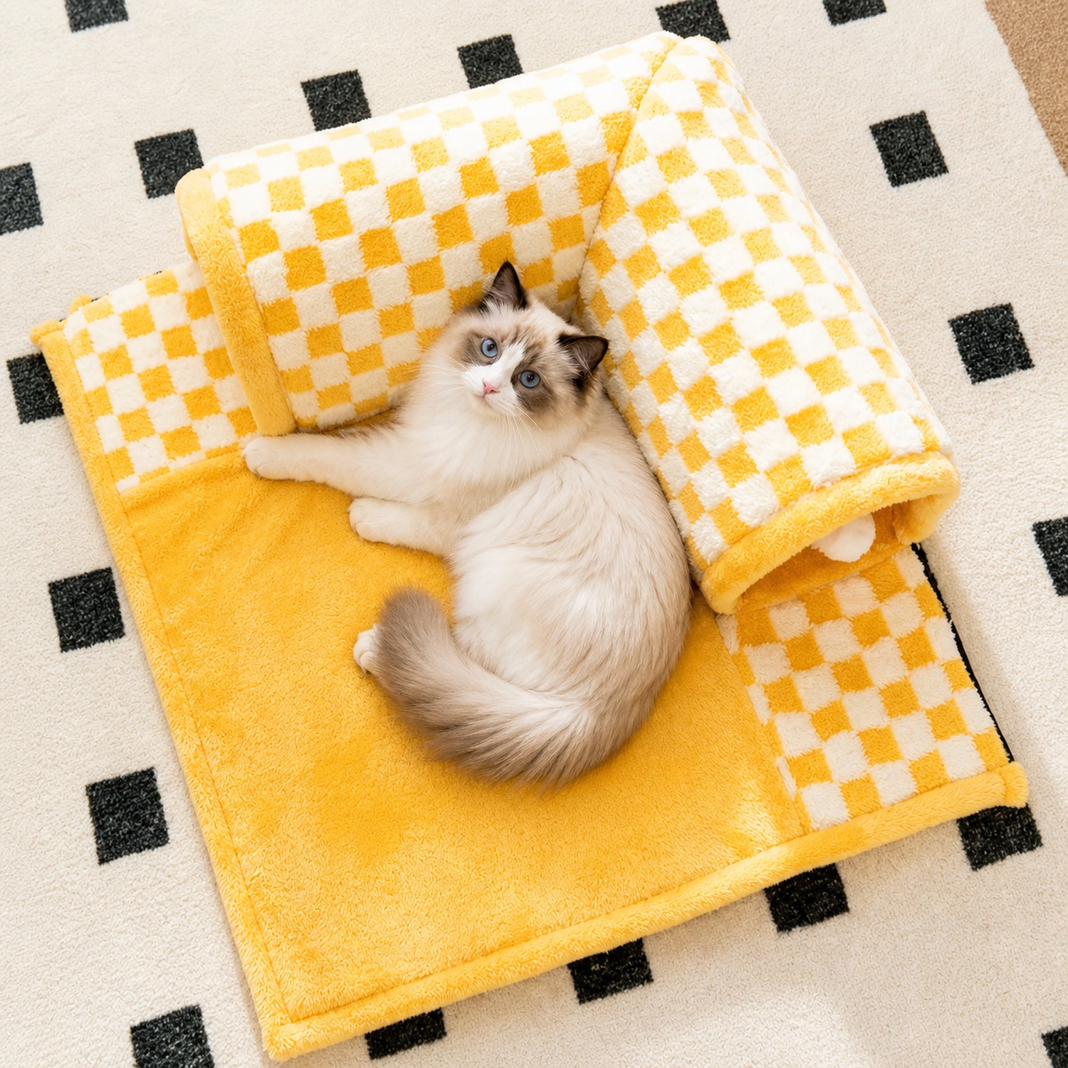 Cosy Tunnel Cat House | Plush Padded Hideaway Bed with Hanging Pom-Poms